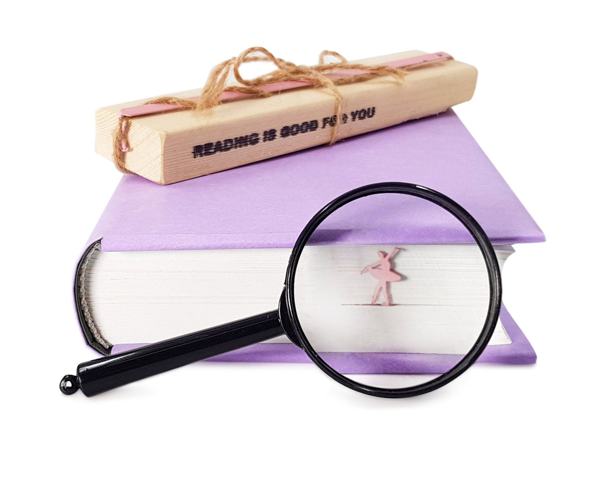 Ballet Dancer metal bookmark with the engraved wooden gift block it ships with