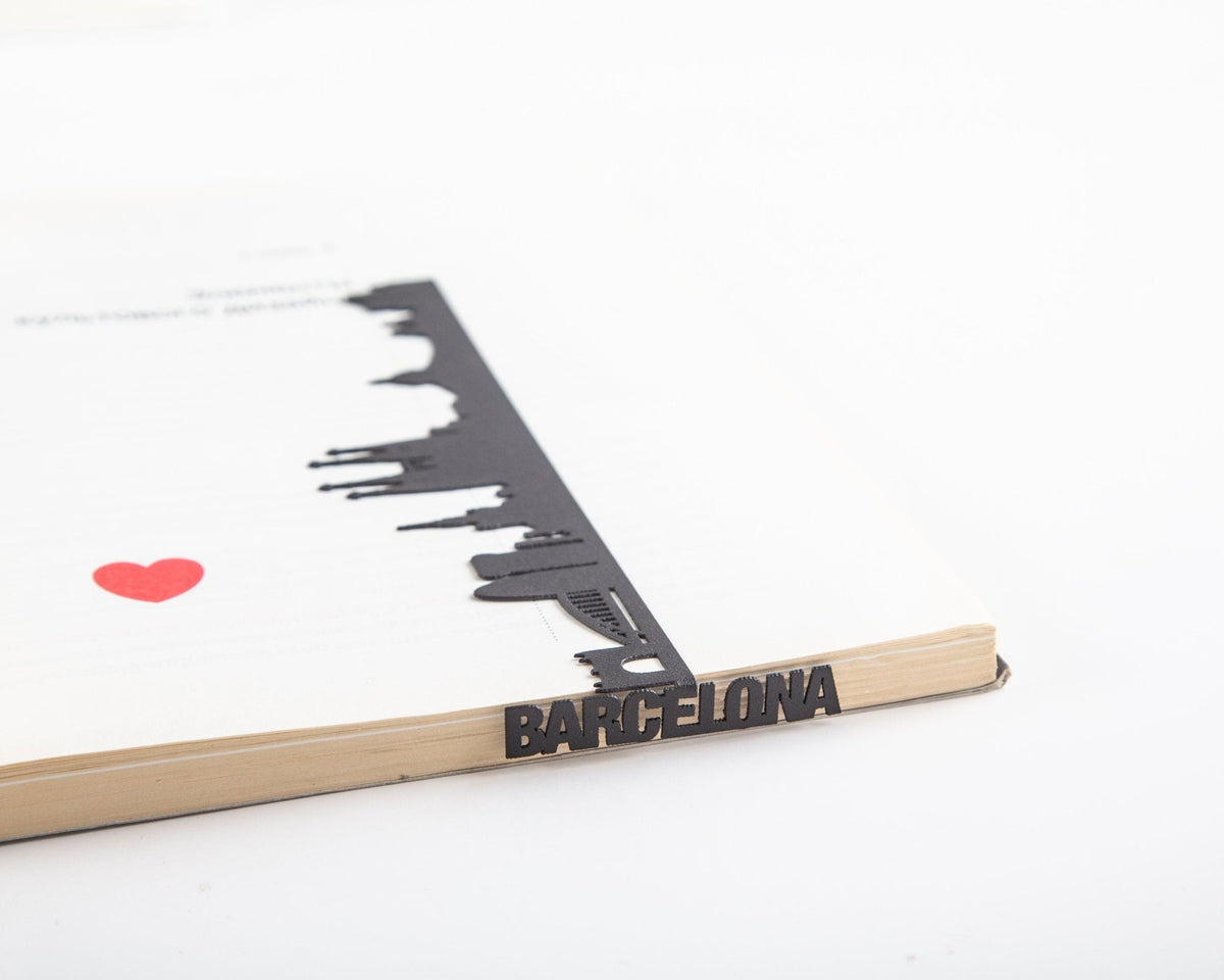 Barcelona Cityscape metal bookmark flat on white, the whole silhouette visible
