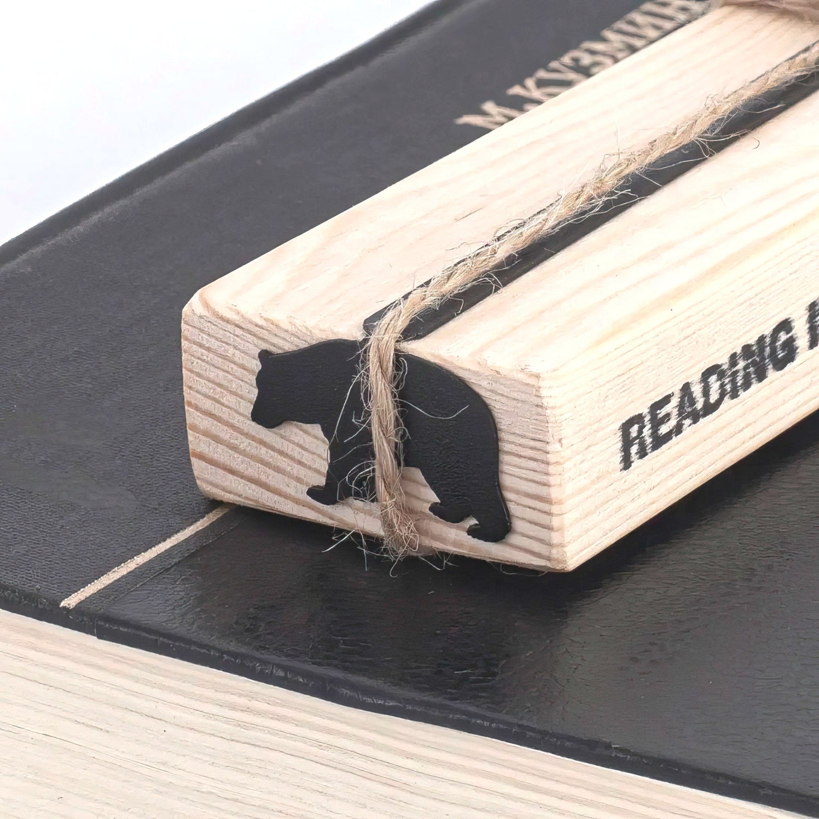 Bear metal bookmark with the engraved wooden gift block it ships with