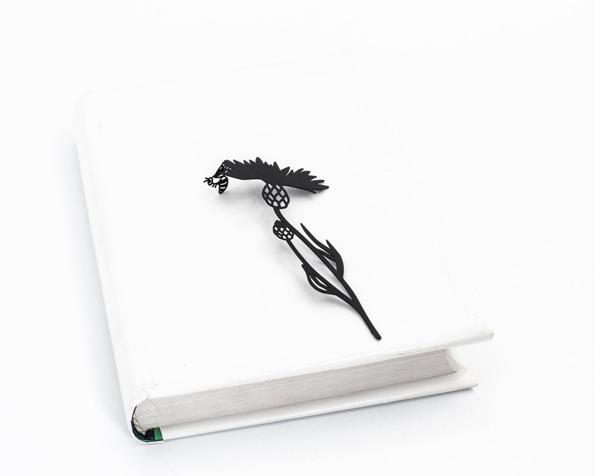 Beautiful Knapweed and the Bee metal bookmark shown flat on a white background