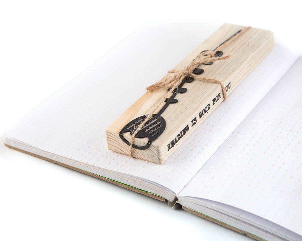 Bellflower metal bookmark with the engraved wooden gift block it ships with