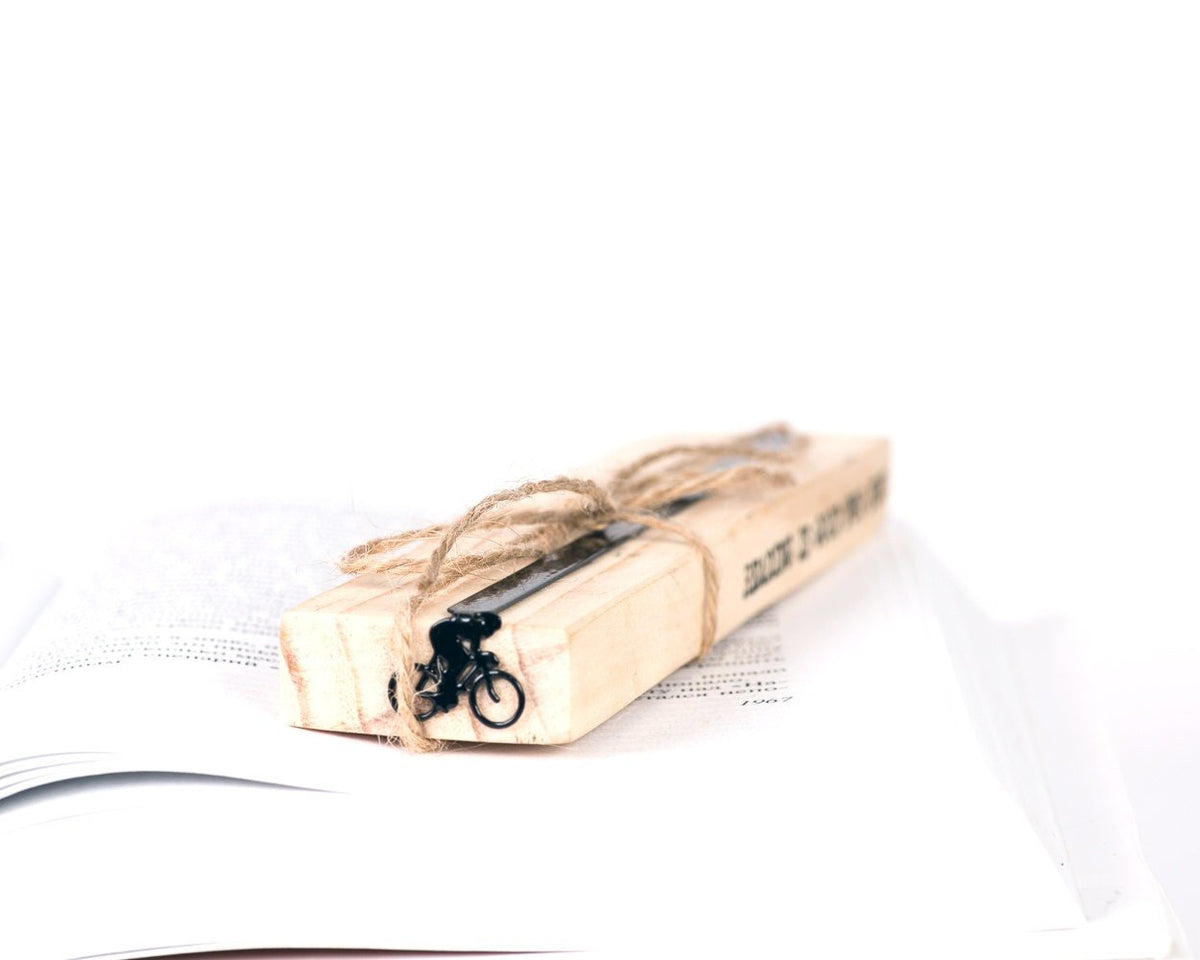 Bike Racing metal bookmark packed with kraft paper and twine as a gift