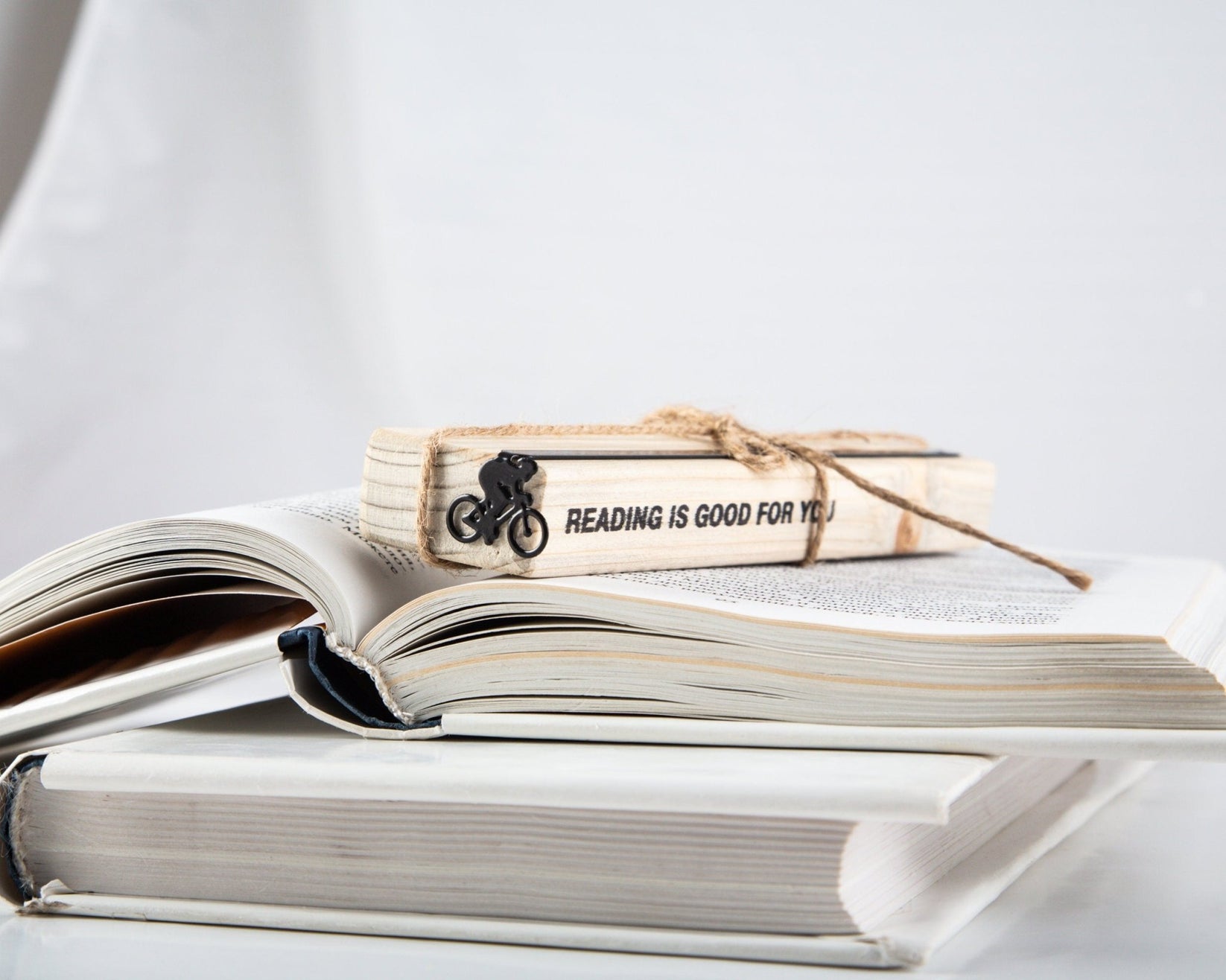 Bike Racing metal bookmark with the engraved wooden gift block it ships with