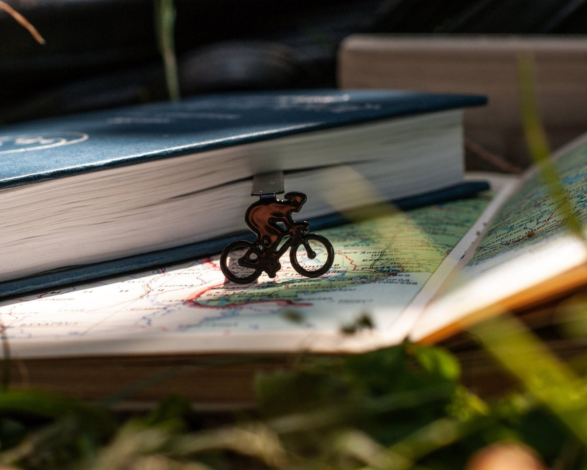 Bike Racing metal bookmark against a coloured backdrop