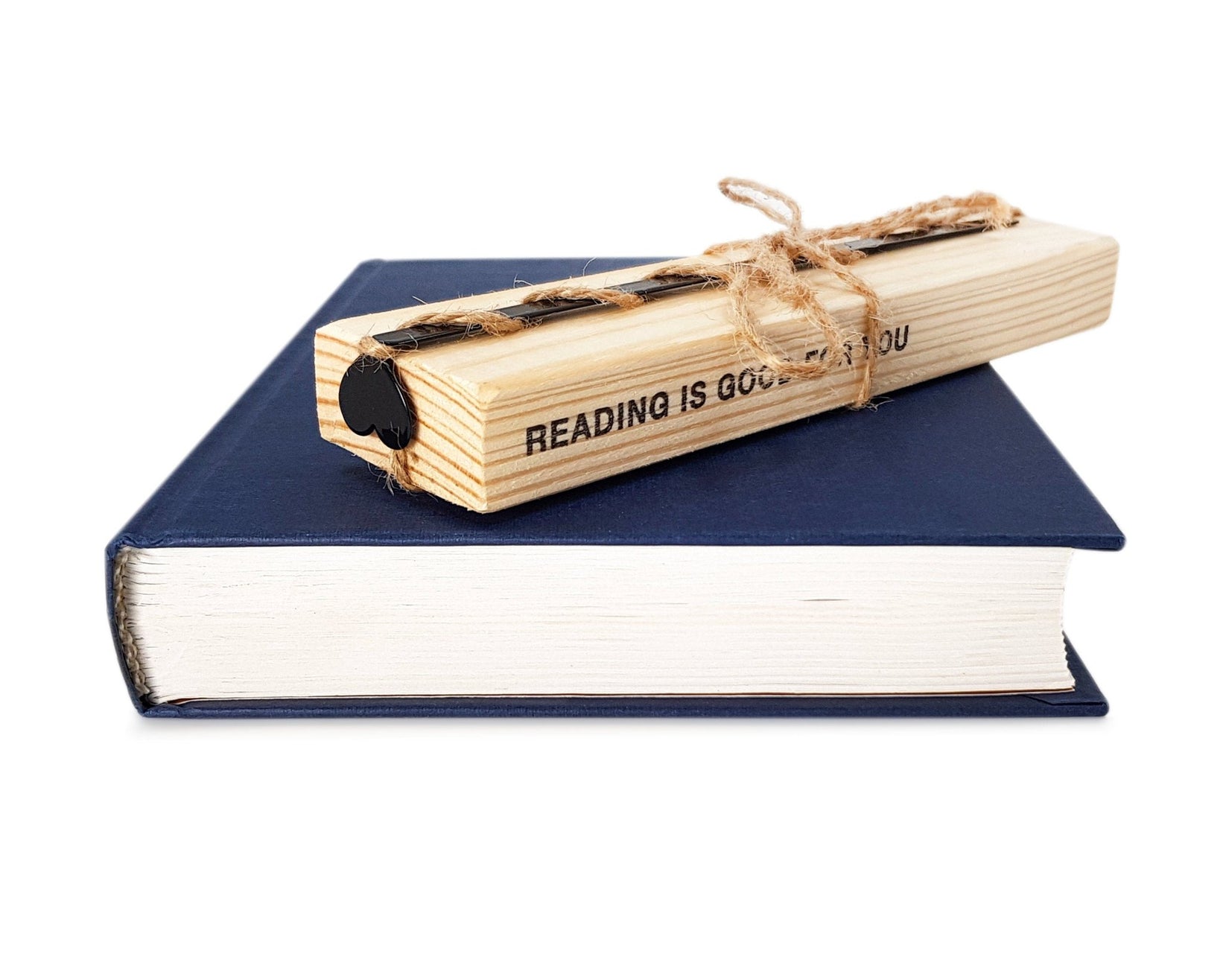Black Heart metal bookmark with the engraved wooden gift block it ships with