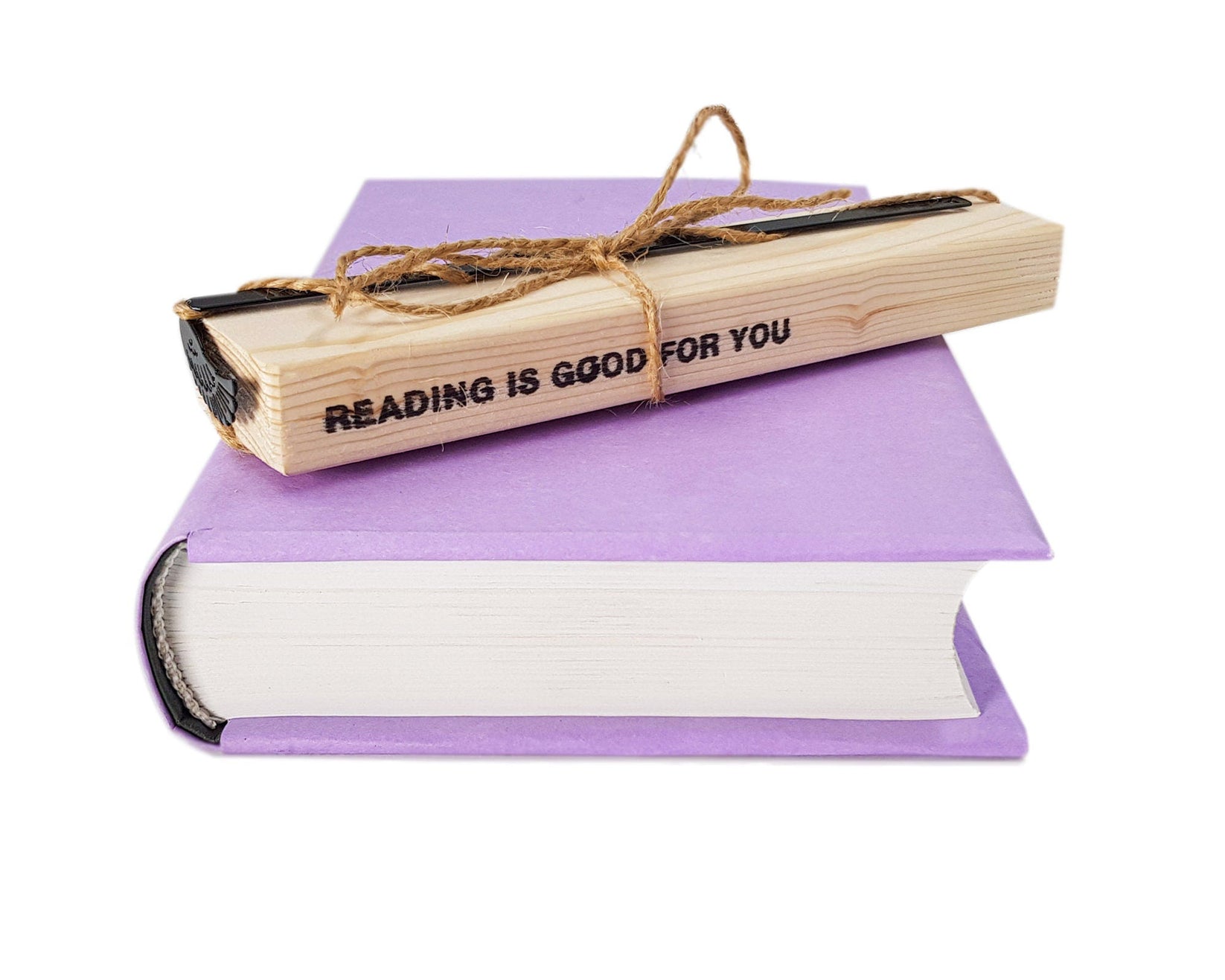 Black Wing metal bookmark with the engraved wooden gift block it ships with