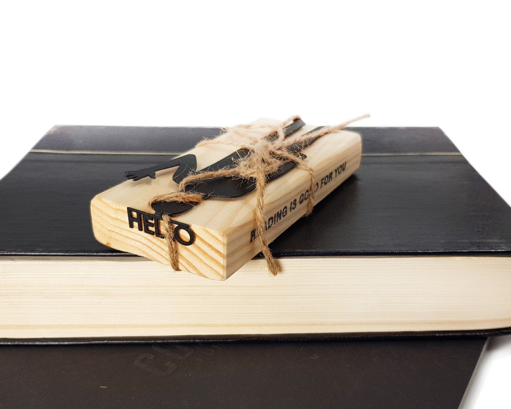 Book Ghost metal bookmark with the engraved wooden gift block it ships with