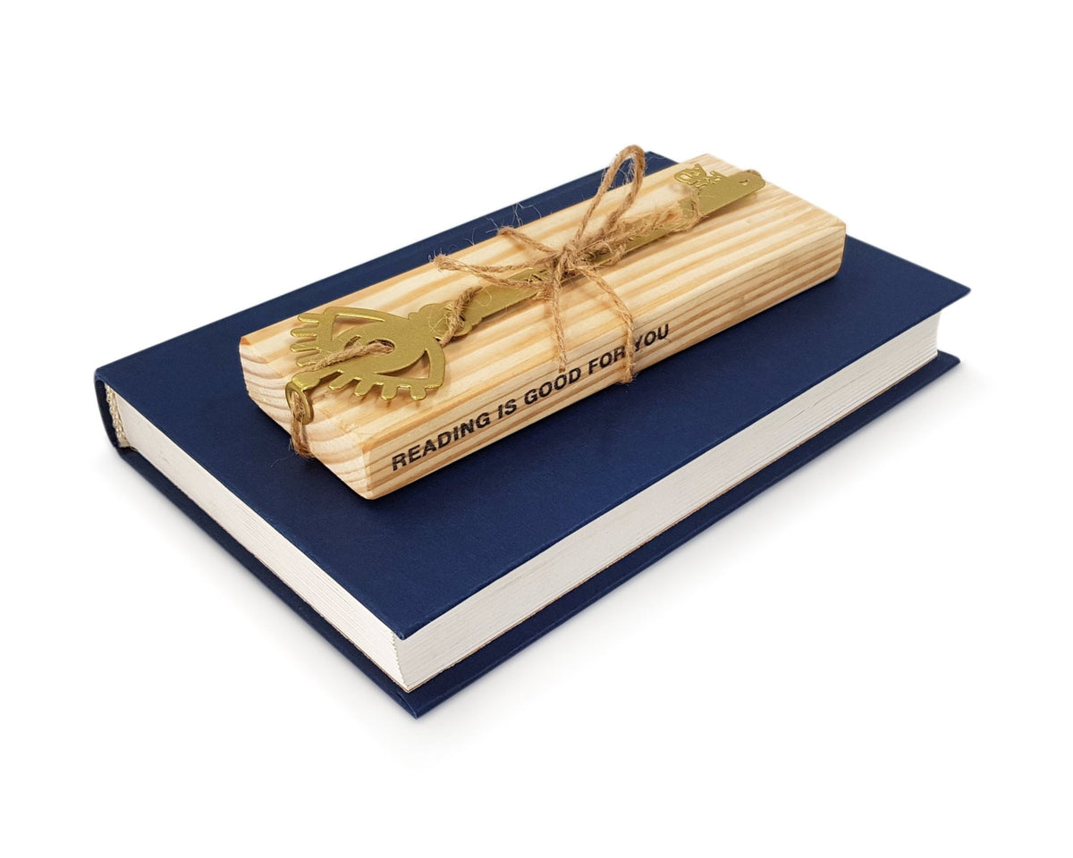 Book Power Is the Key metal bookmark with the engraved wooden gift block it ships with