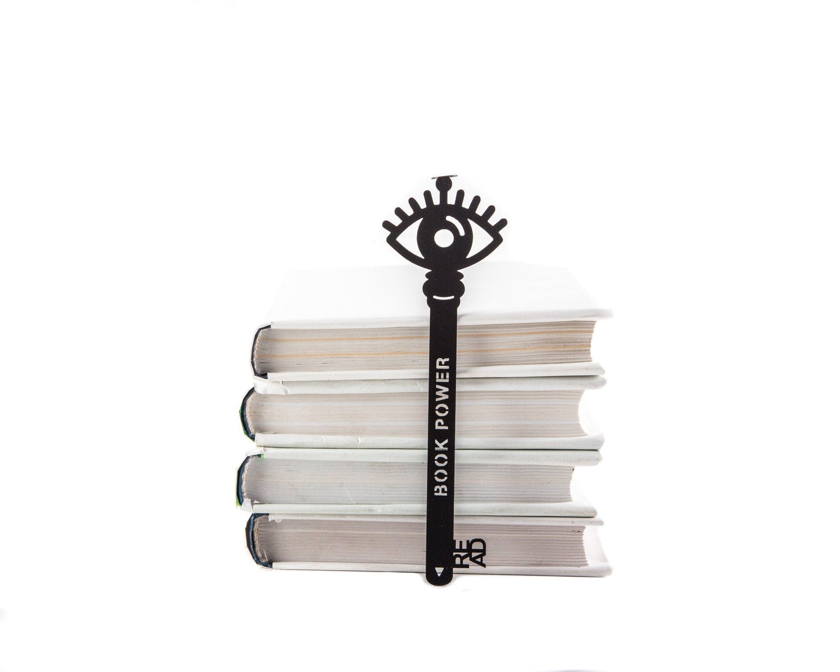 Book Power Is the Key metal bookmark shown with a stack of books