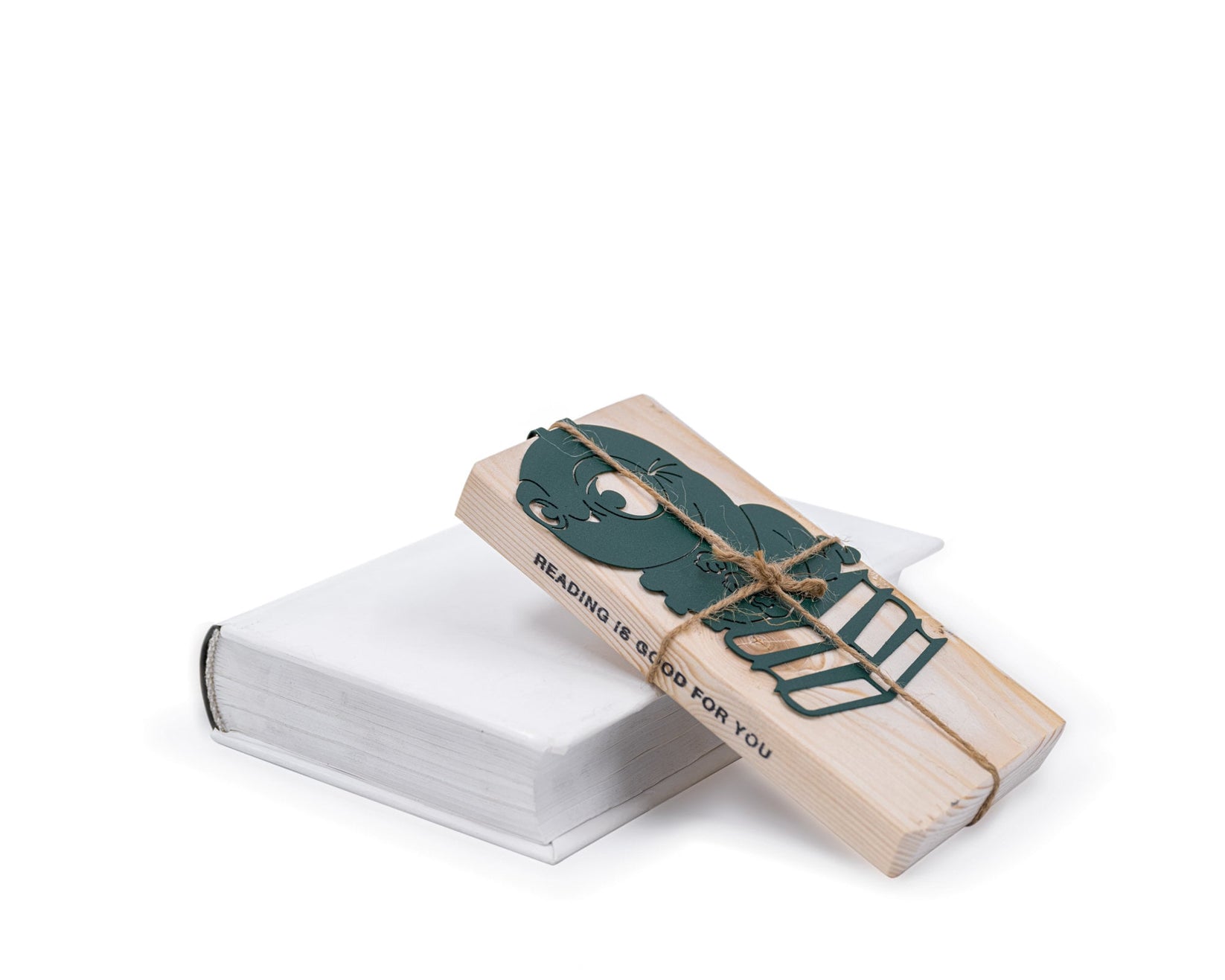 Bookworm metal bookmark in green with the engraved wooden gift block it ships with