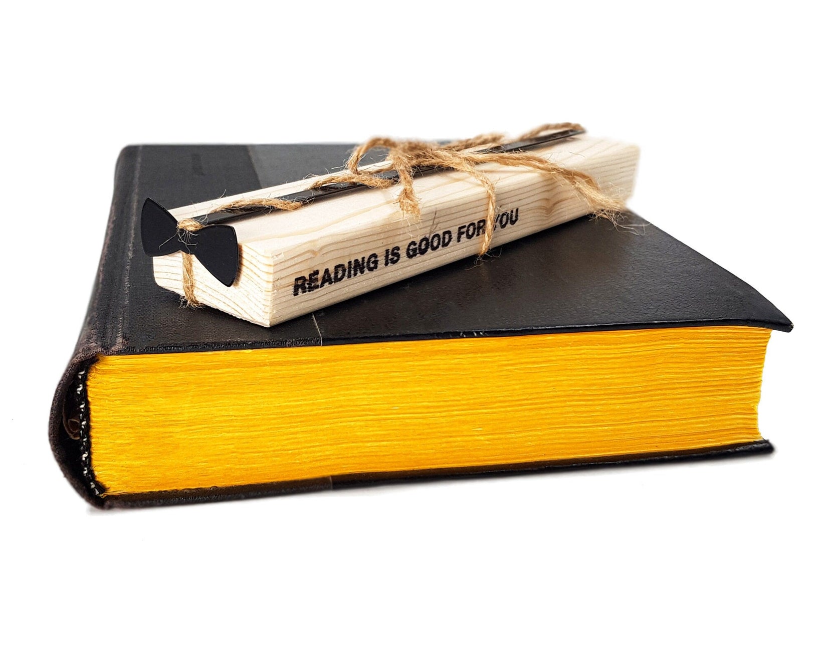 Bow Tie metal bookmark with the engraved wooden gift block it ships with