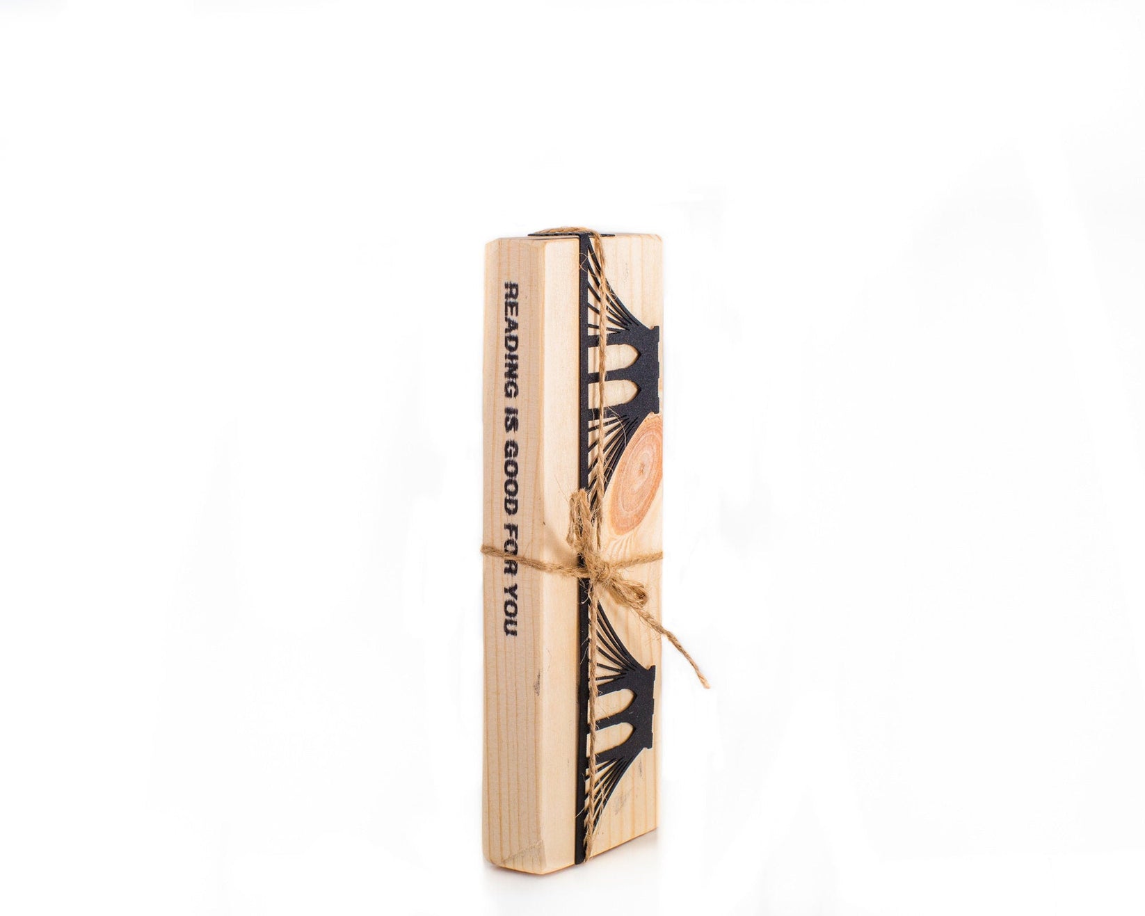 Brooklyn Bridge metal bookmark with the engraved wooden gift block it ships with