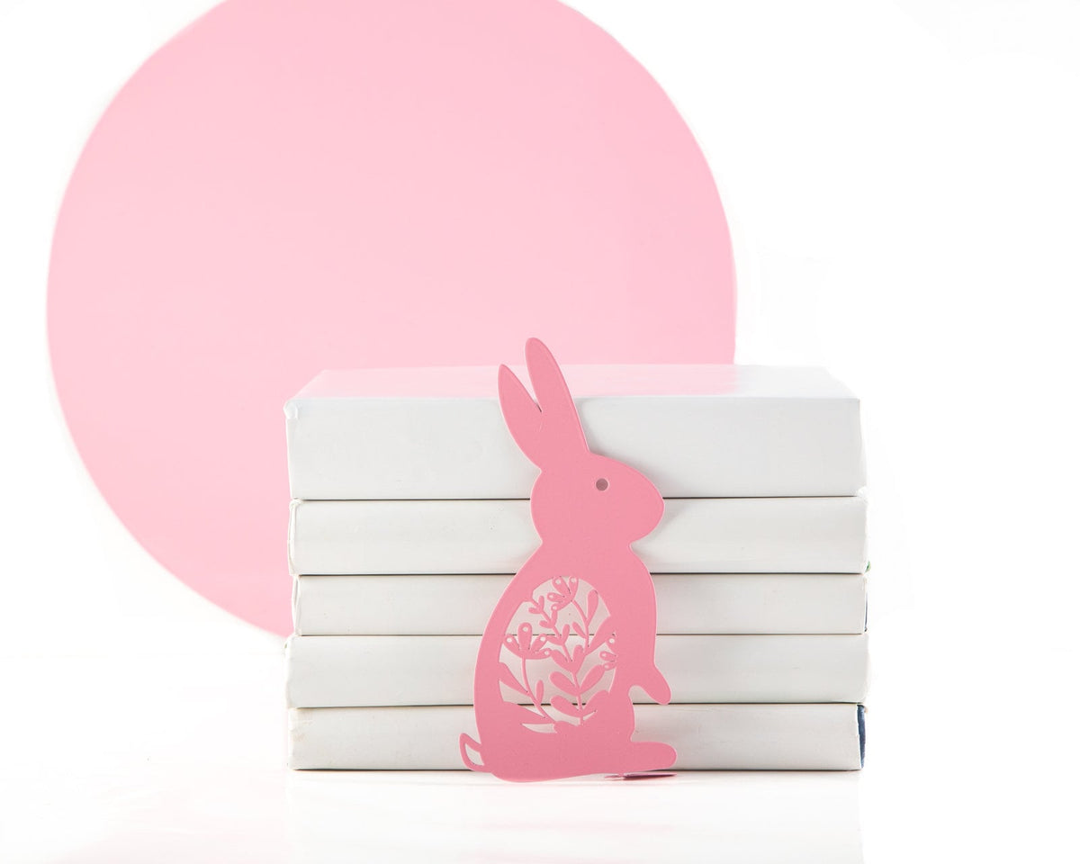 Bunny with a Carrot metal bookmark in red on a coloured background