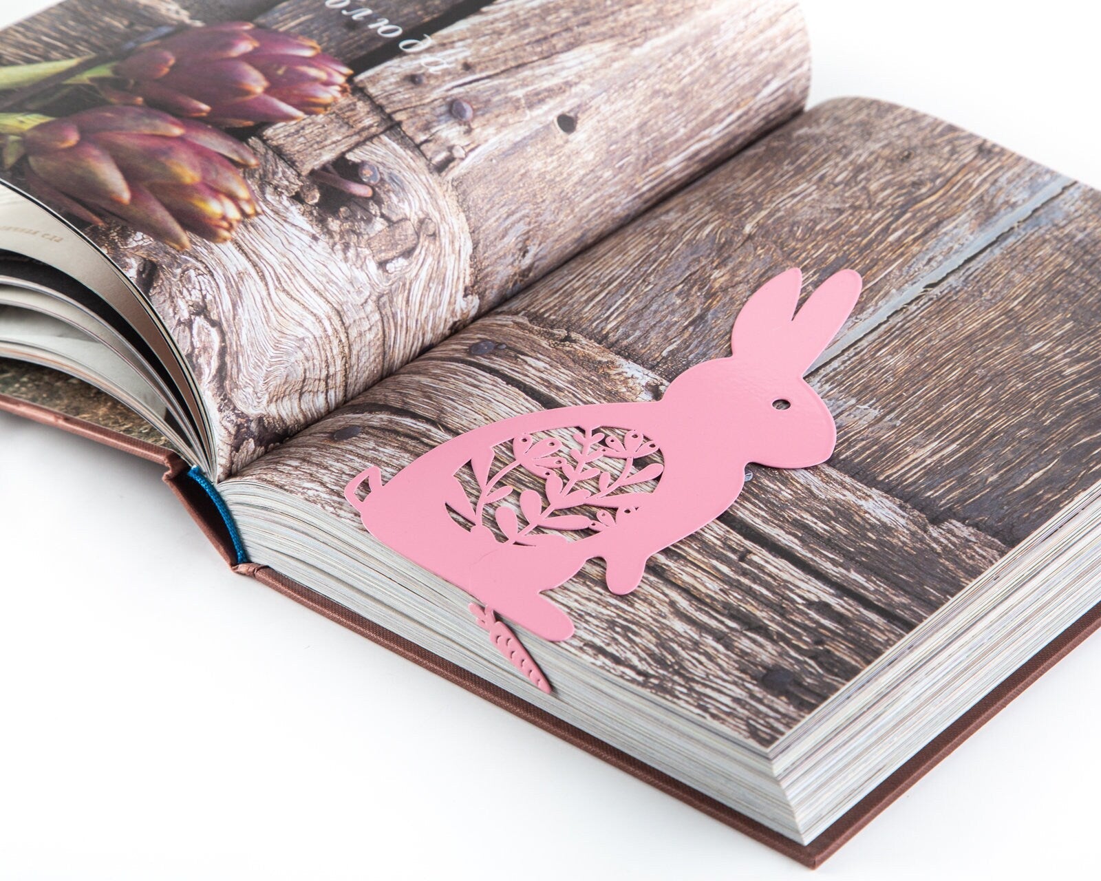 Bunny with a Carrot metal bookmark in red resting on the pages of an open book