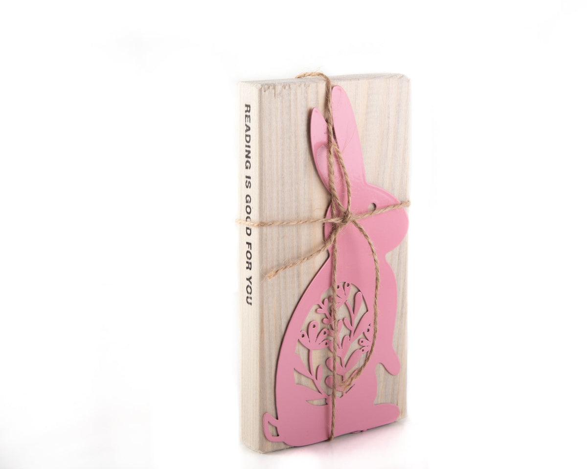 Bunny with a Carrot metal bookmark in red with the engraved wooden gift block it ships with