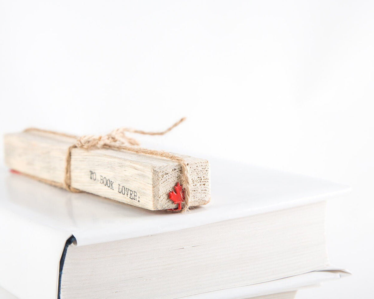 Canadian Maple Leaf metal bookmark in red packed with kraft paper and twine as a gift