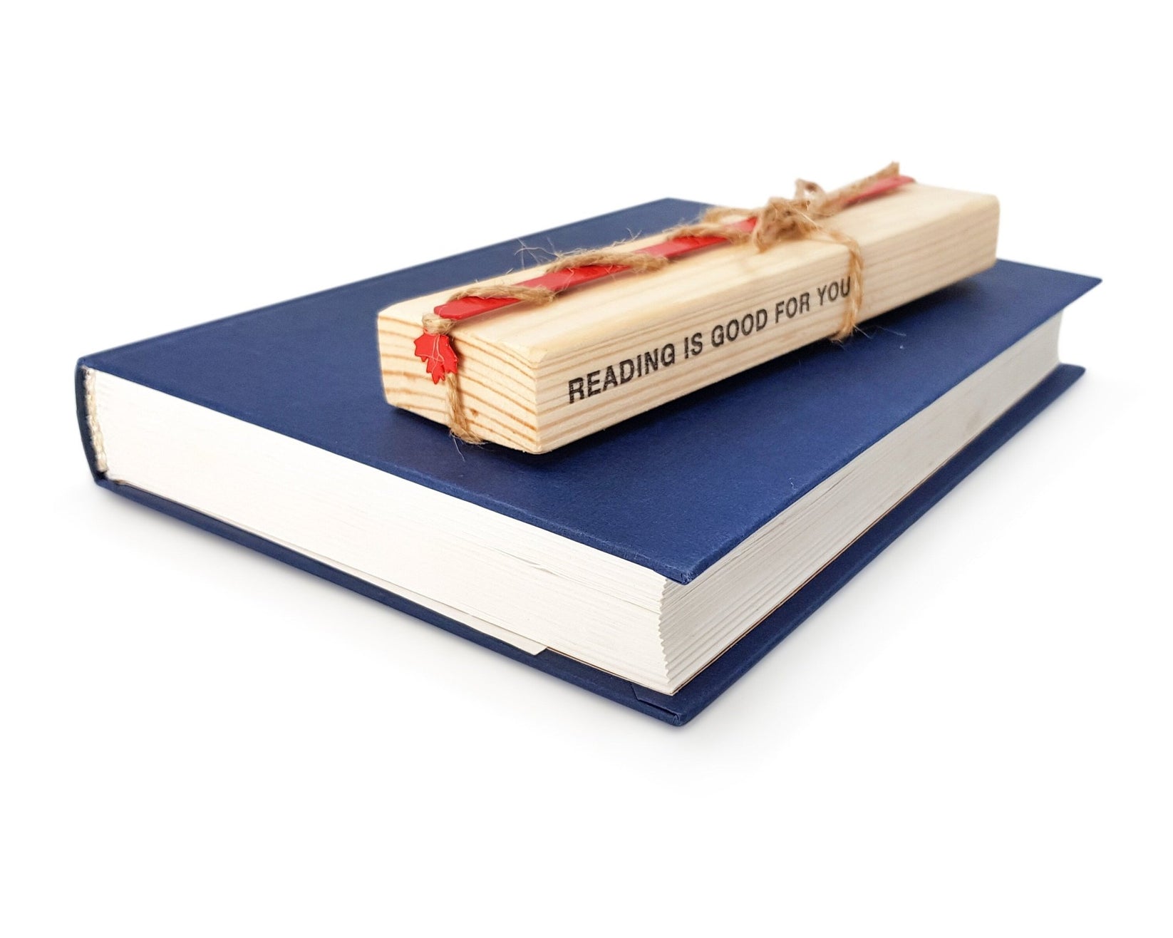 Canadian Maple Leaf metal bookmark in red with the engraved wooden gift block it ships with