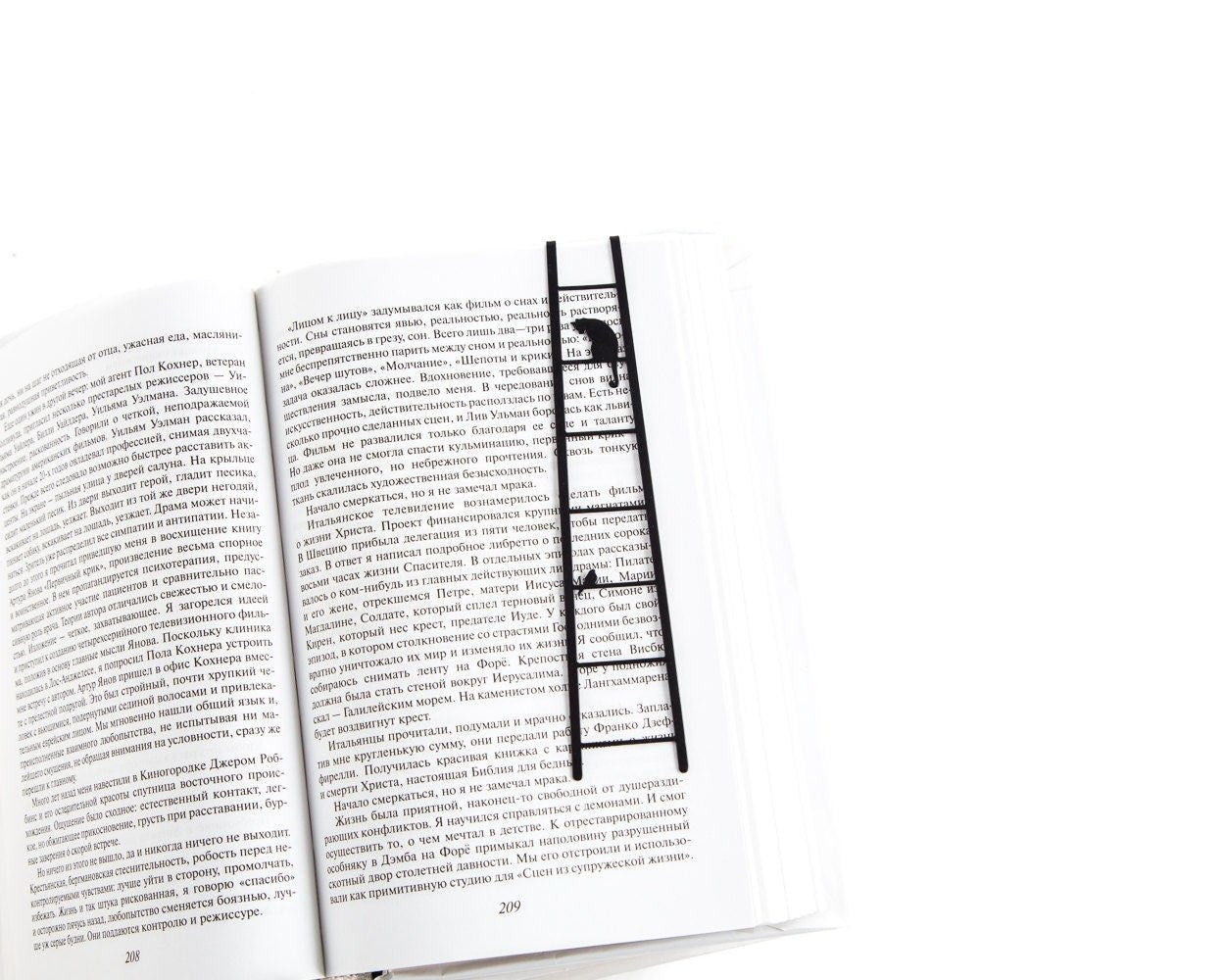 Cat and Bird on the Ladder metal bookmark resting on the pages of an open book