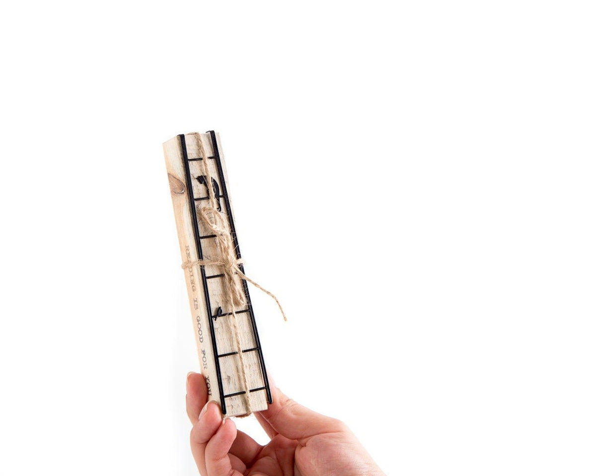 Cat and Bird on the Ladder metal bookmark held in a hand above an open book