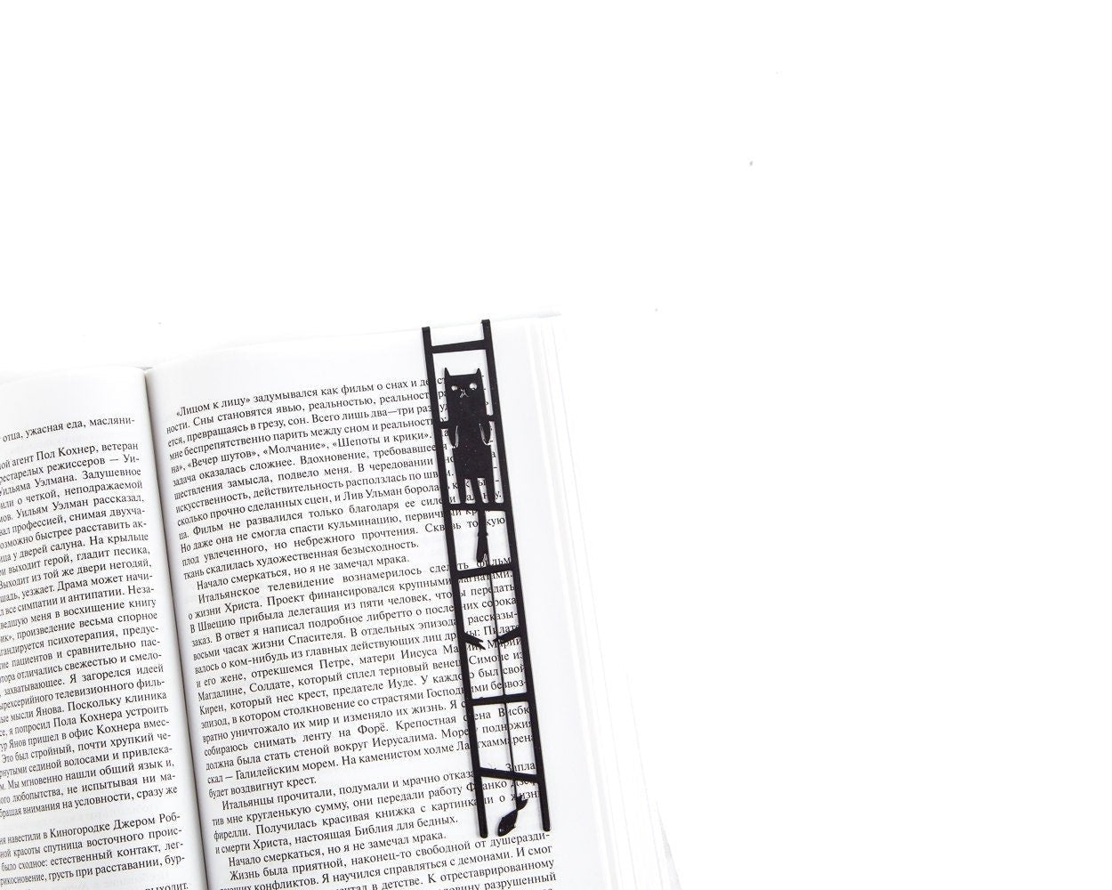 Cat and the Fish metal bookmark resting on the pages of an open book