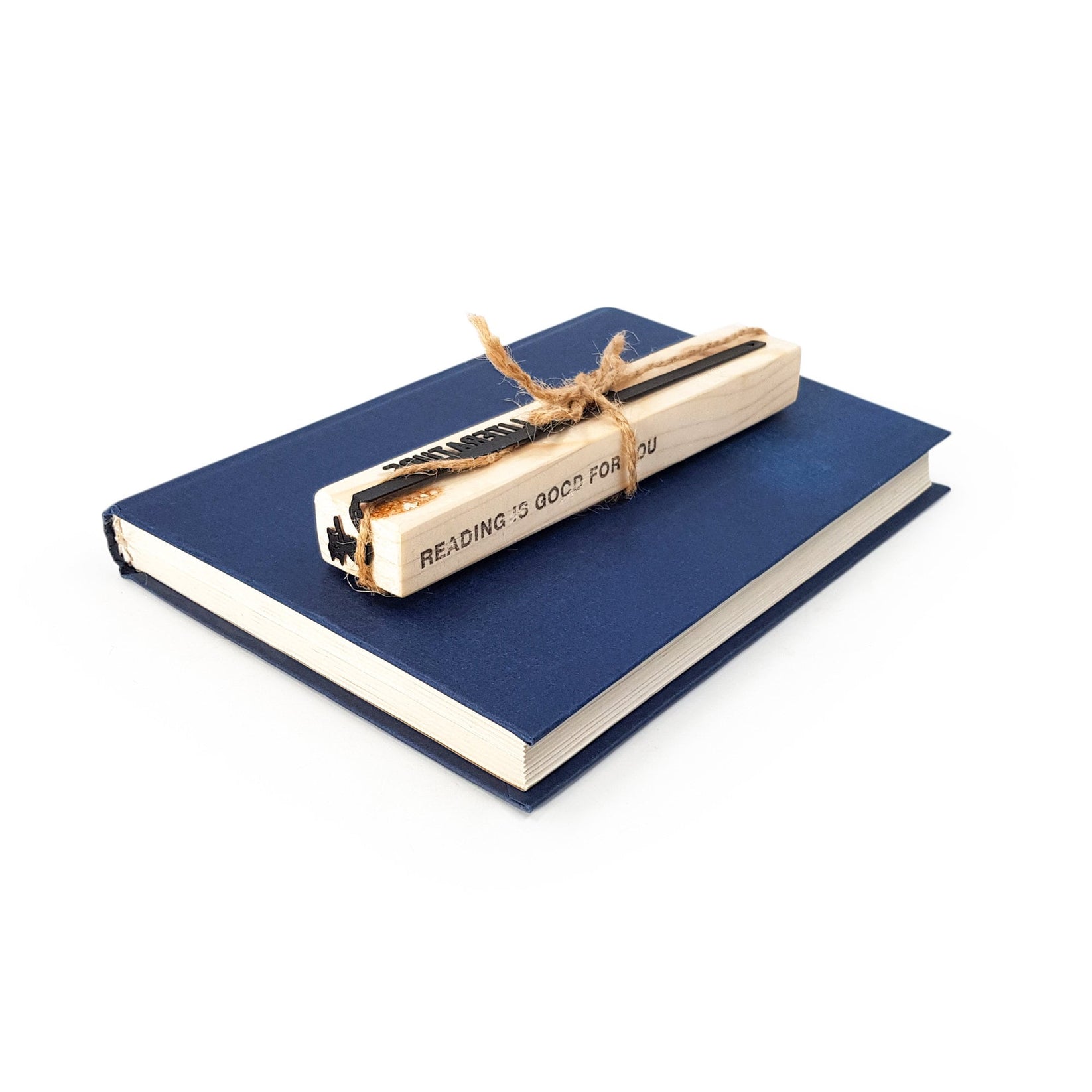 Cats and Literature metal bookmark with the engraved wooden gift block it ships with