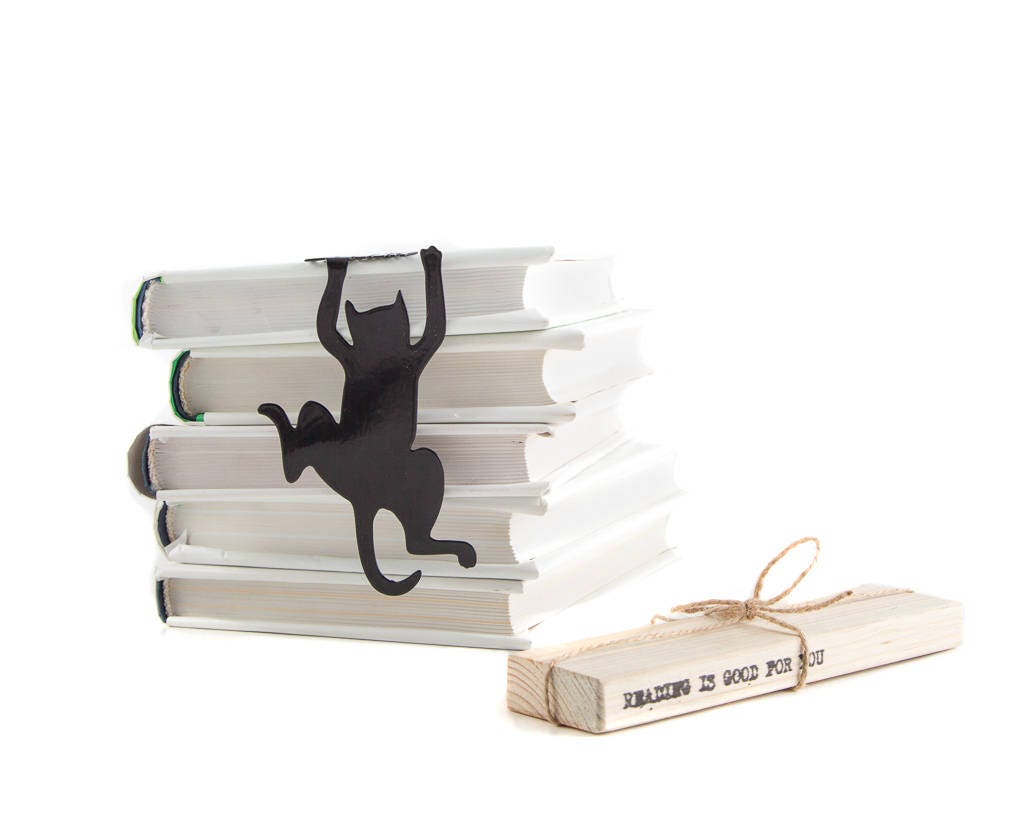 Cat's Library metal bookmark with the engraved wooden gift block it ships with