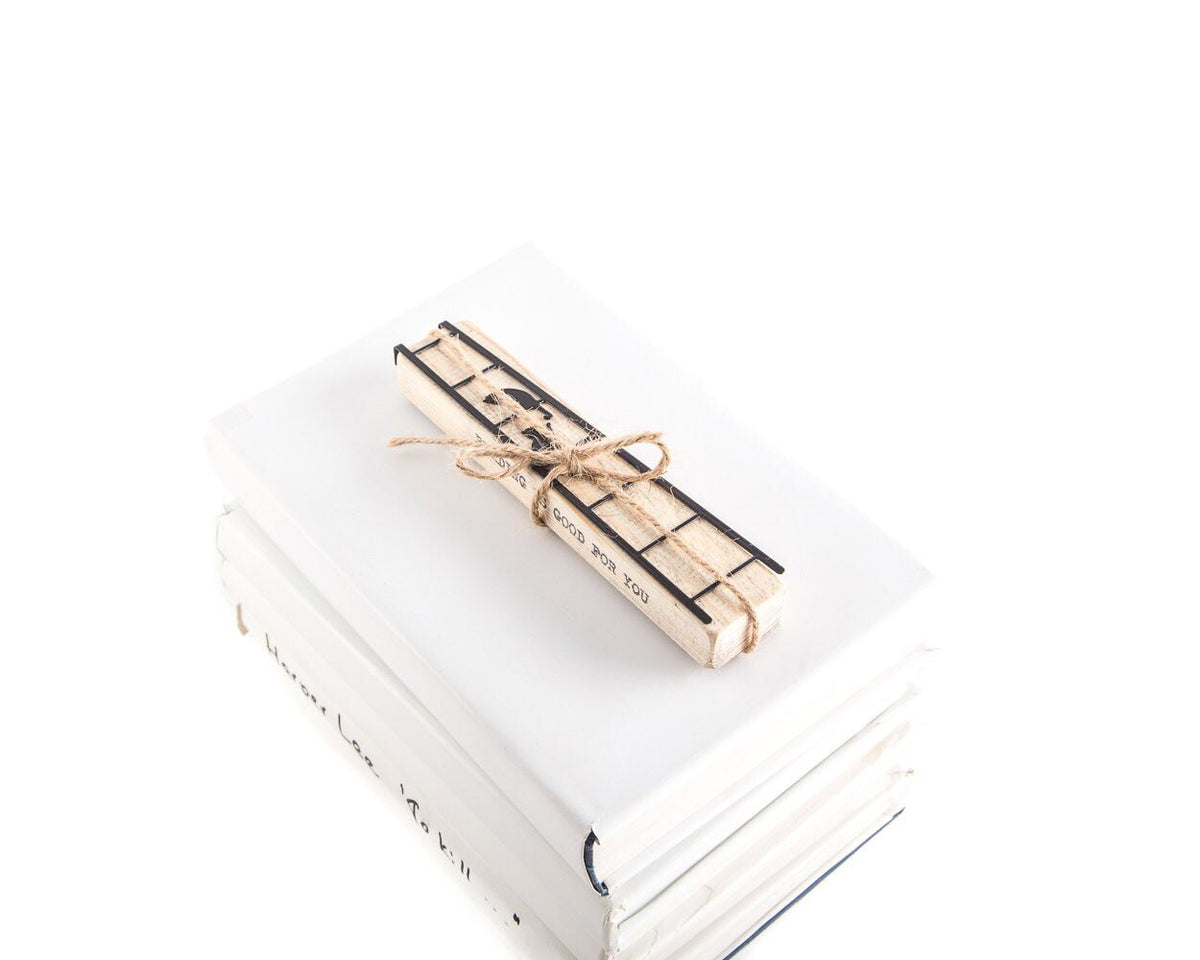 Cats on the Ladder metal bookmark with the engraved wooden gift block it ships with
