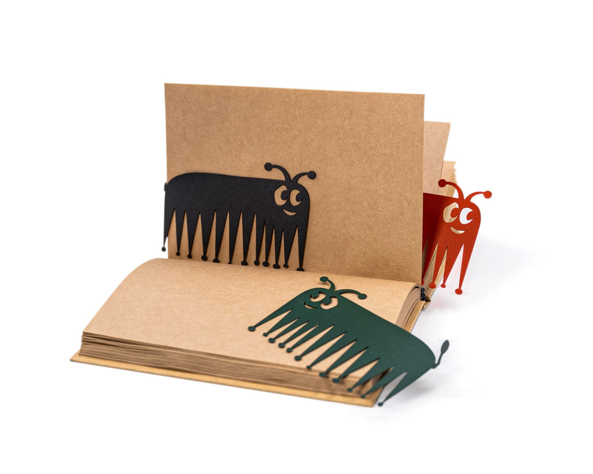 Charming Centipede metal bookmark with the engraved wooden gift block it ships with
