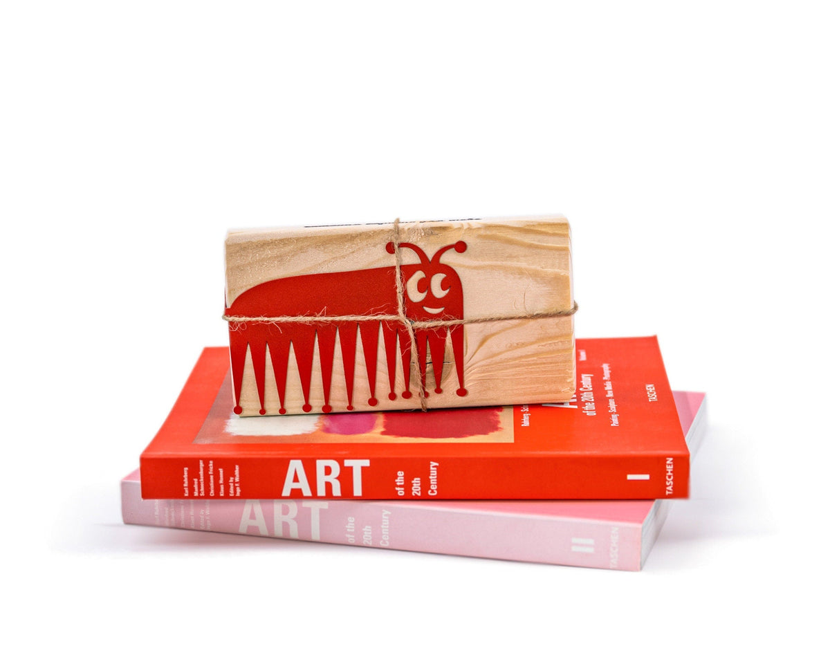 Charming Centipede metal bookmark in red ready to give, wrapped with its wooden block