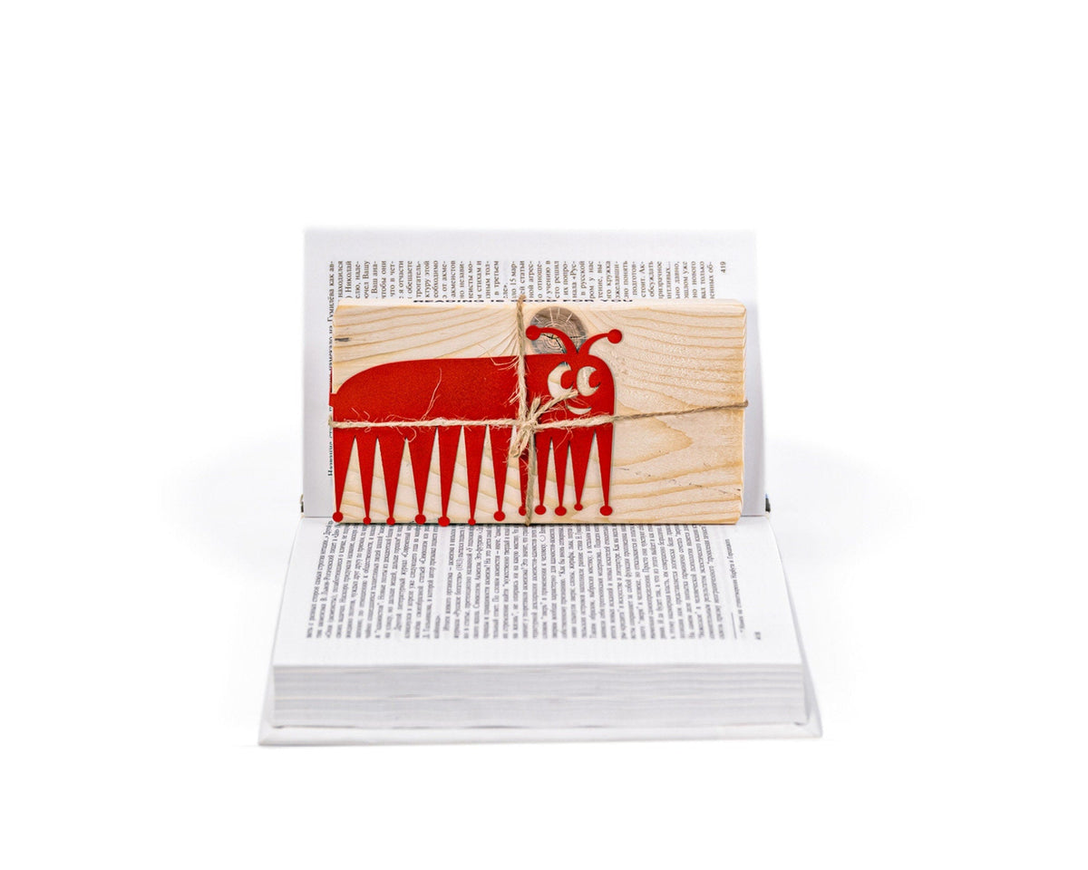 Charming Centipede metal bookmark in red packed with kraft paper and twine as a gift