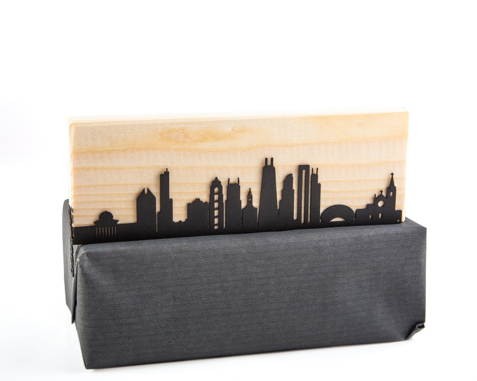 Chicago metal bookmark with the engraved wooden gift block it ships with