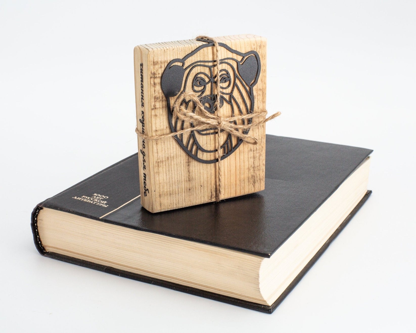Chimp metal bookmark shown with its wooden gift block