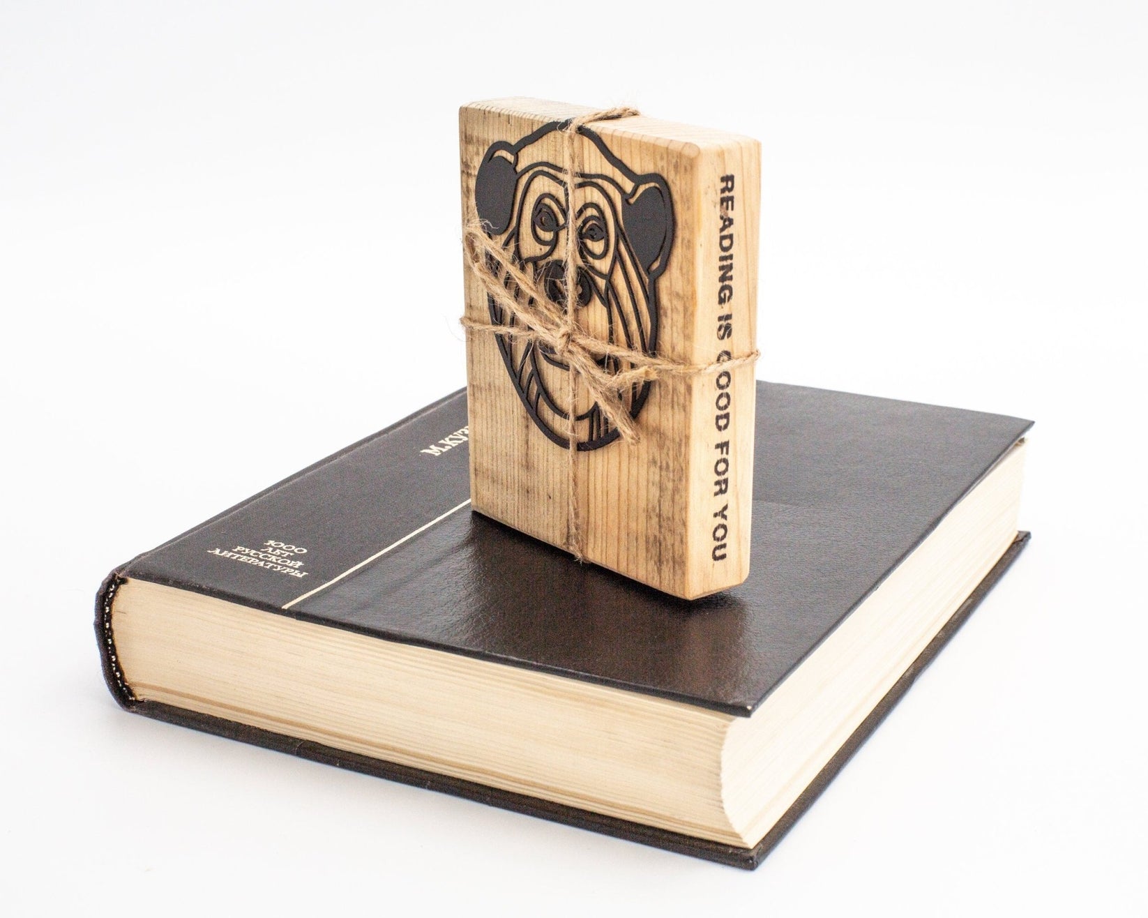 Chimp metal bookmark with the engraved wooden gift block it ships with