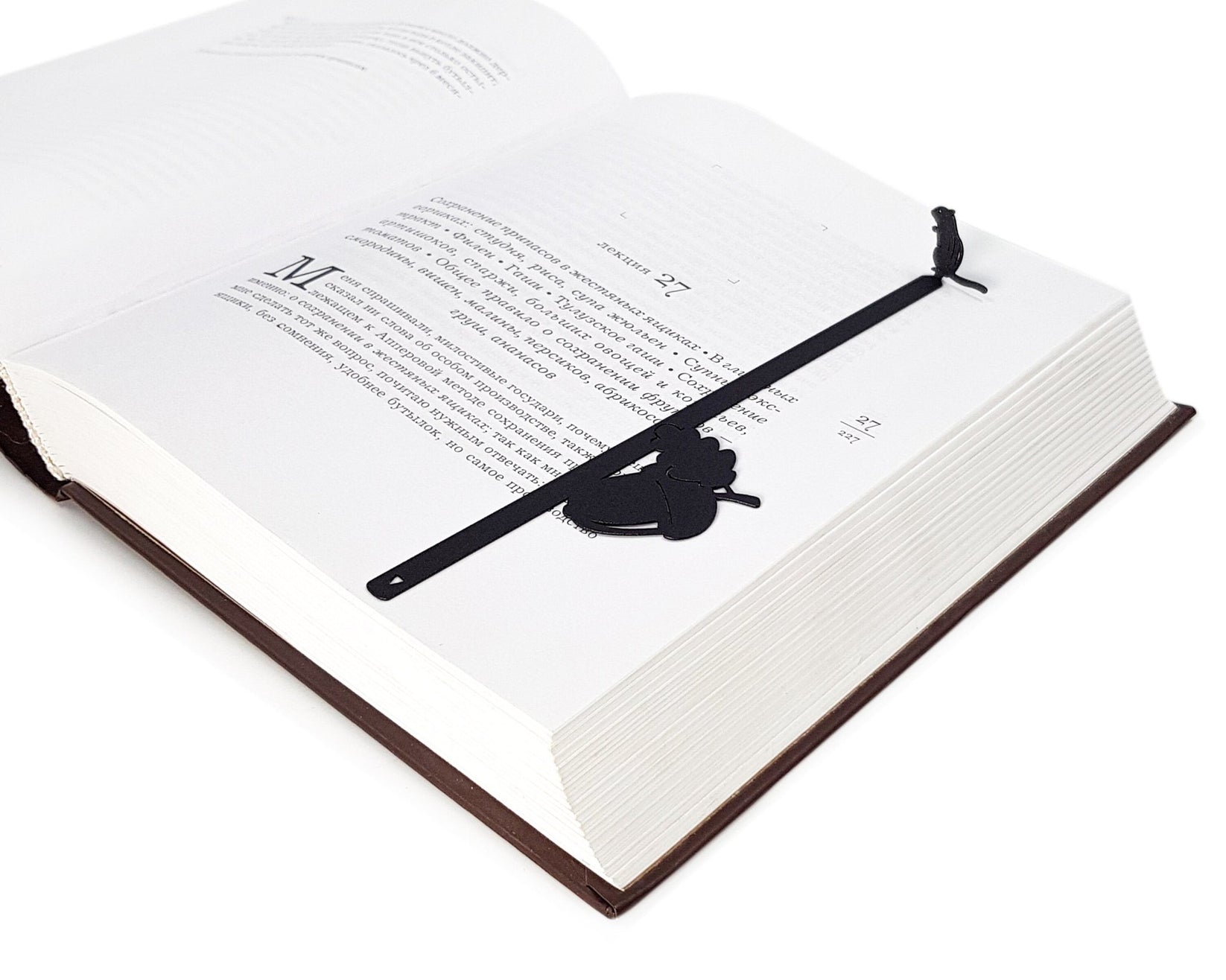 Chipmunk and the Acorn metal bookmark lying across the pages of an open book