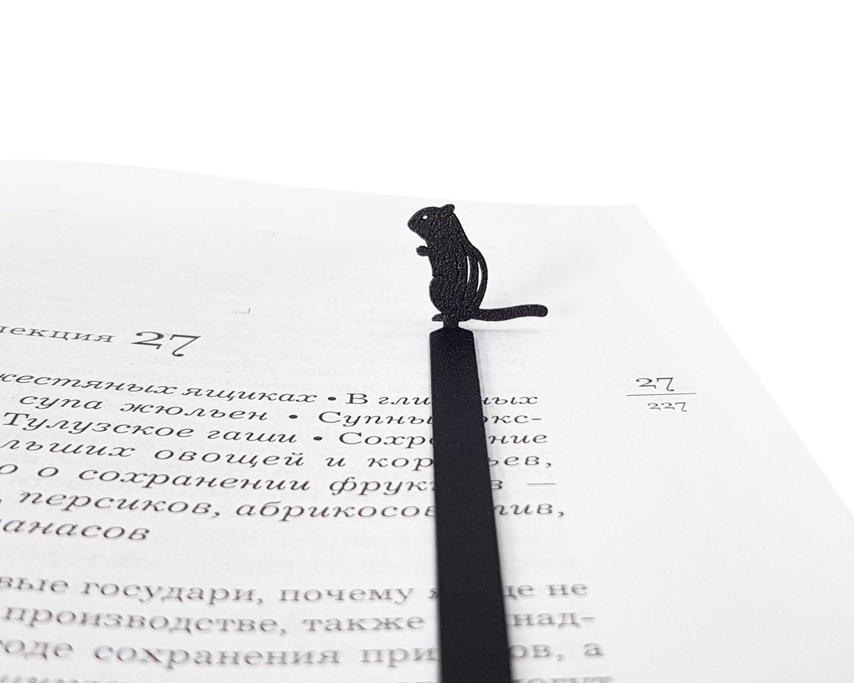 Chipmunk and the Acorn metal bookmark resting on the pages of an open book