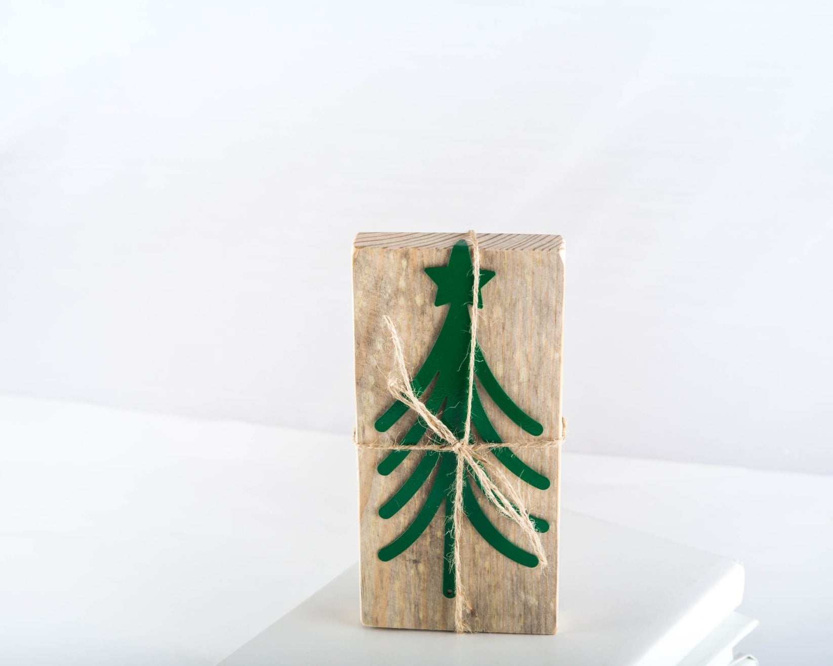 Christmas Tree metal bookmark in green with the engraved wooden gift block it ships with