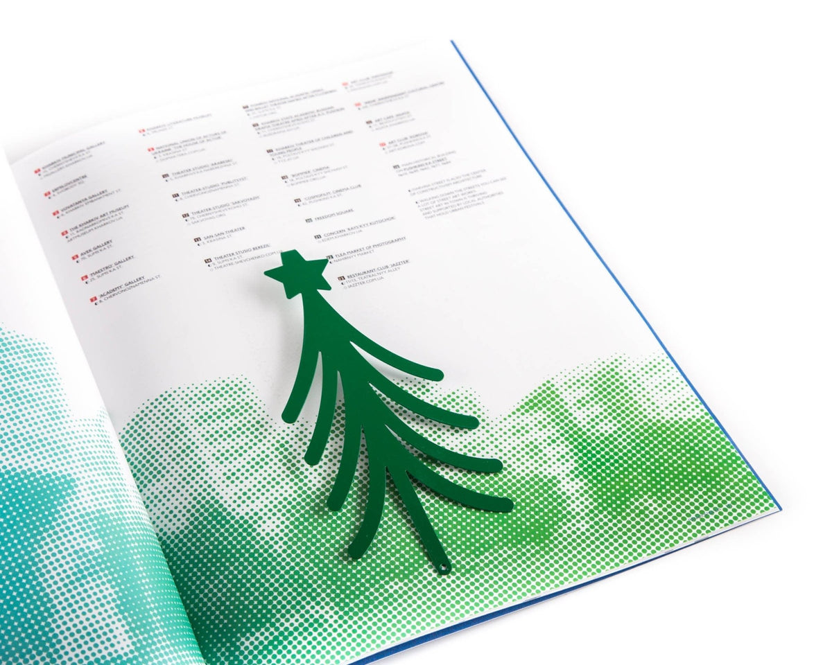 Christmas Tree metal bookmark in green on a coloured background