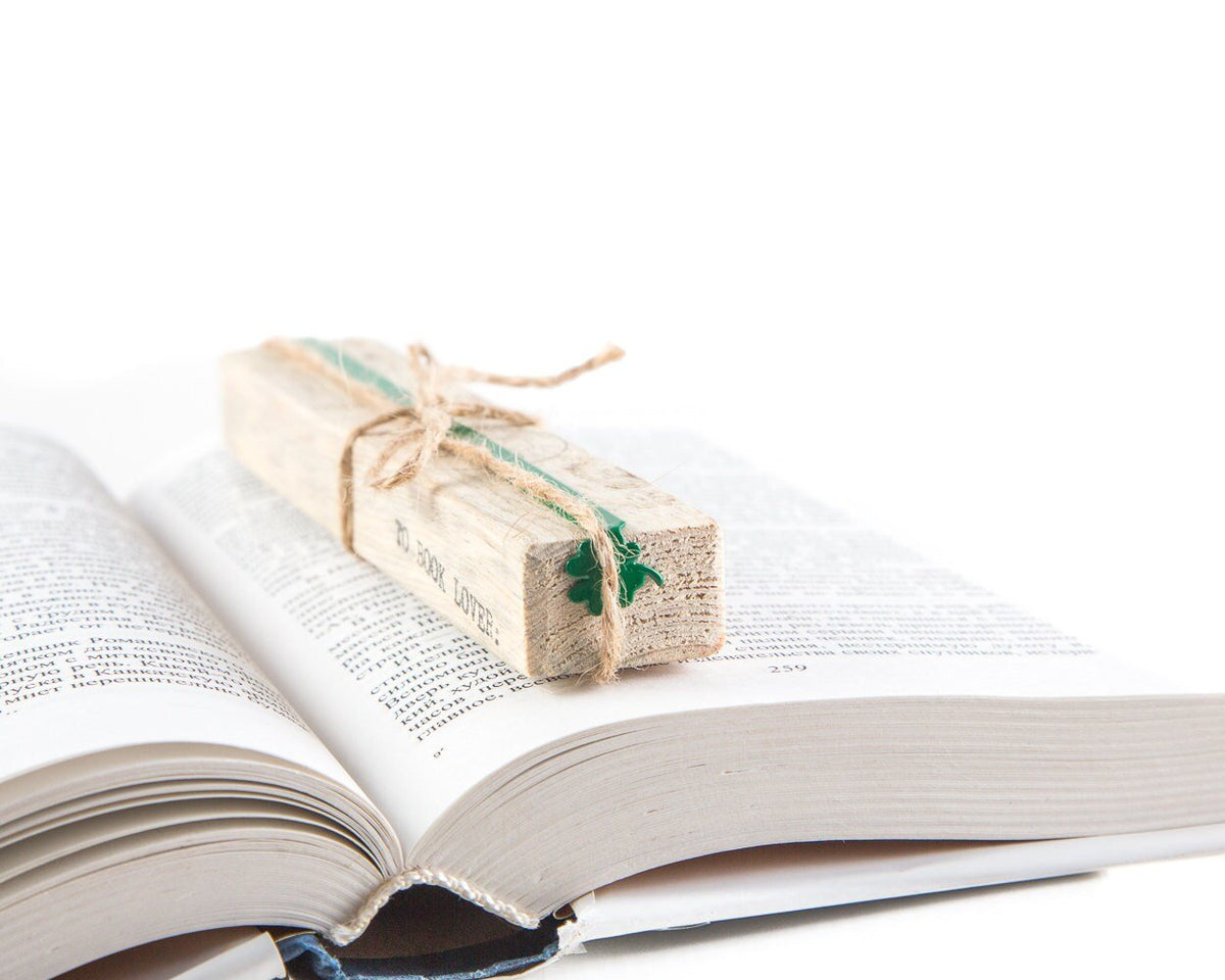 Clover, Good Luck metal bookmark in green with the engraved wooden gift block it ships with