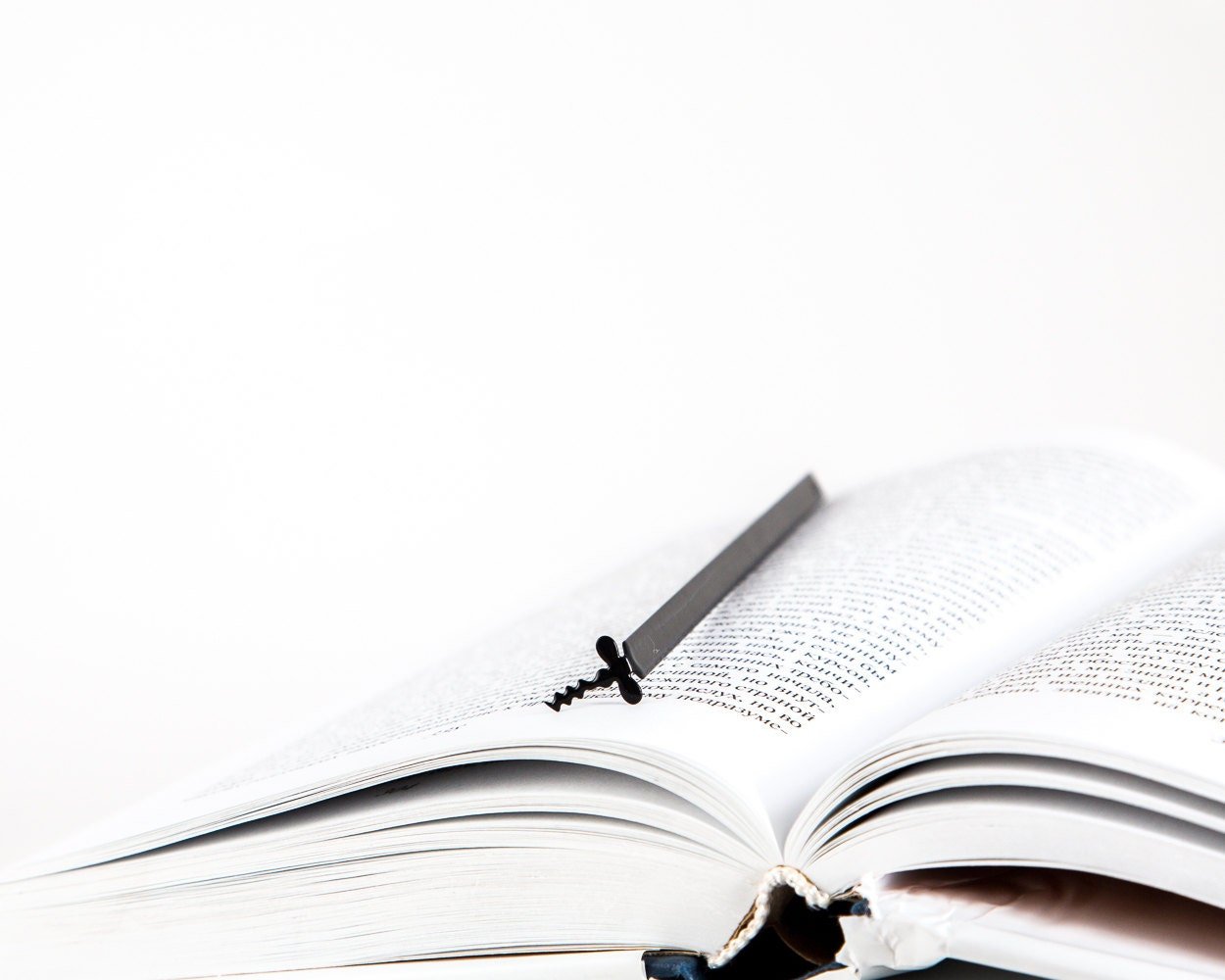 Corkscrew metal bookmark resting on the pages of an open book