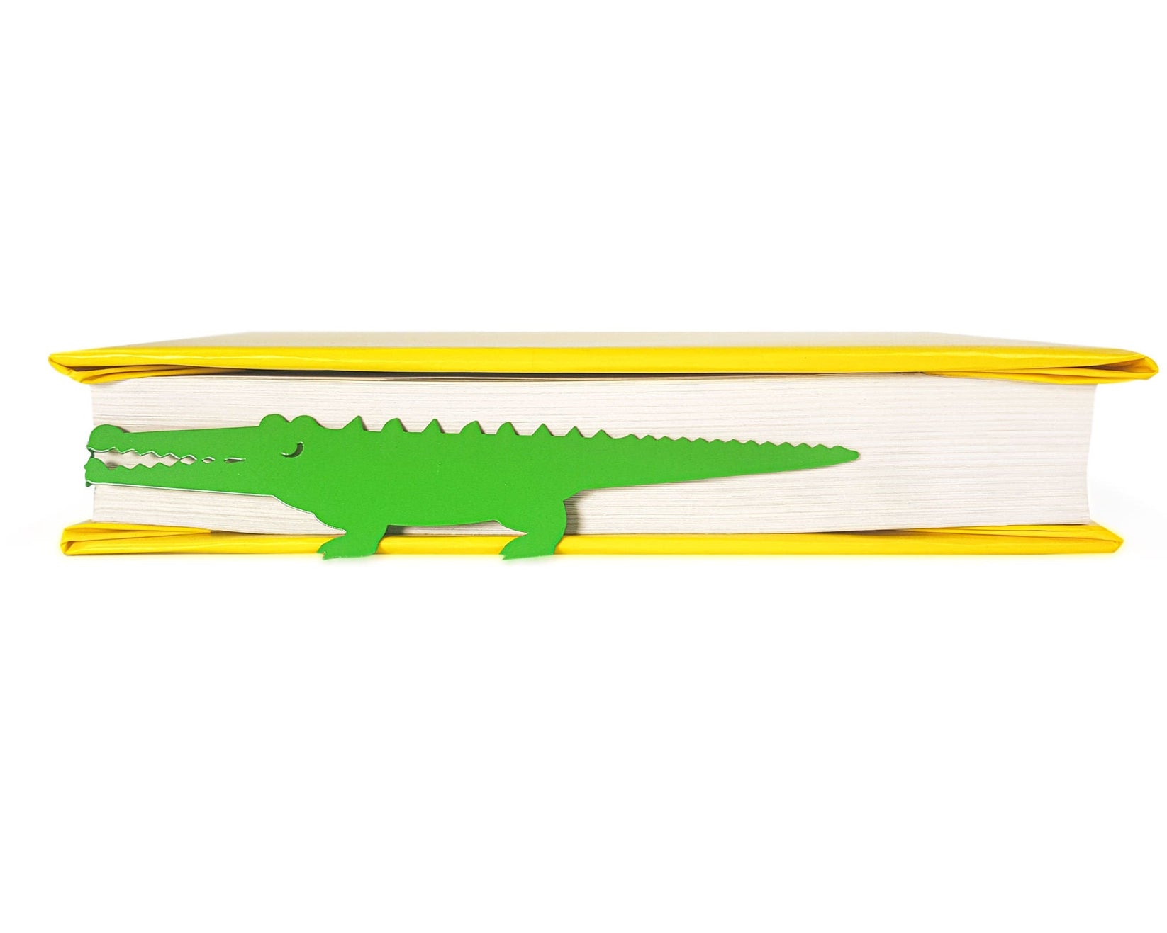 Crocodile and the Nile Bird metal bookmark in green shot on a coloured surface