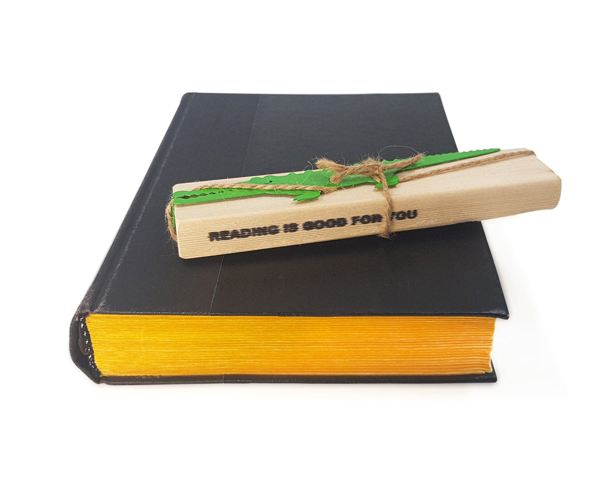 Crocodile and the Nile Bird metal bookmark with the engraved wooden gift block it ships with