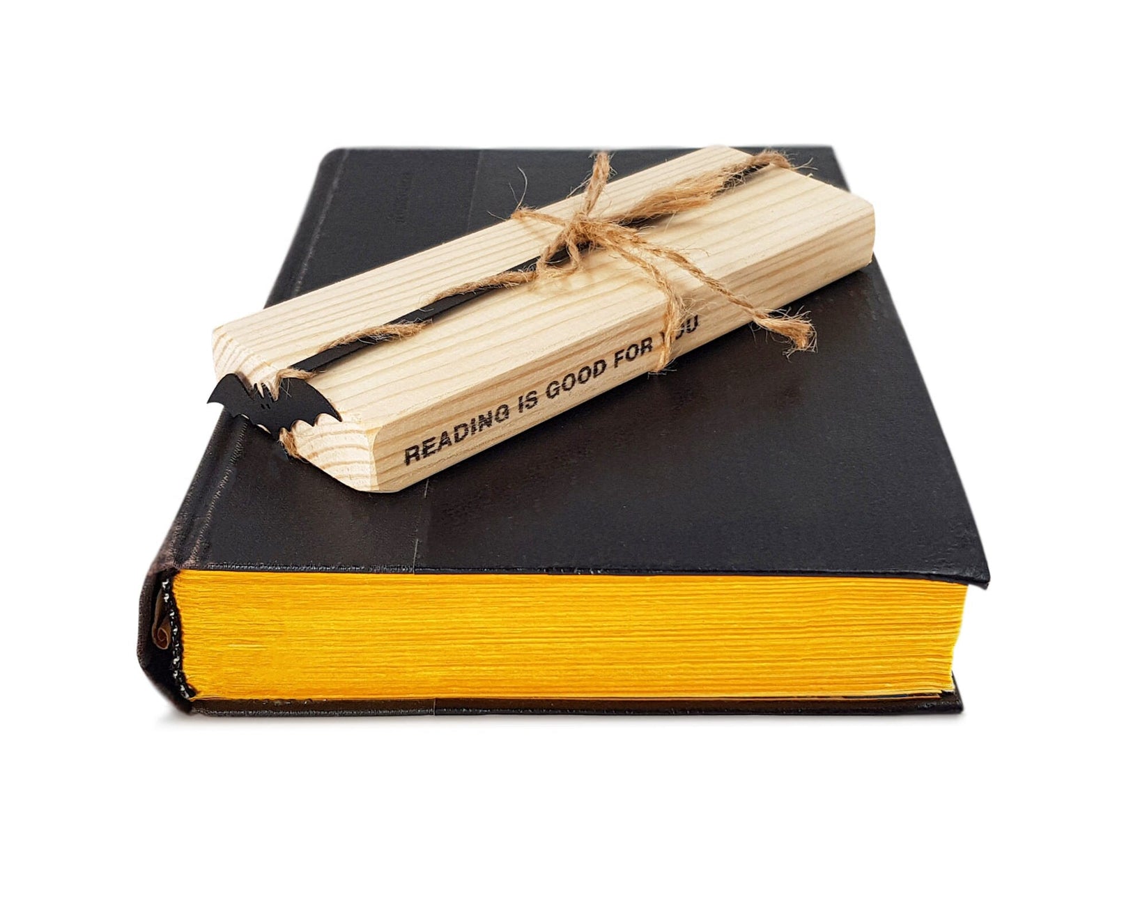 Cryptic Bat metal bookmark with the engraved wooden gift block it ships with