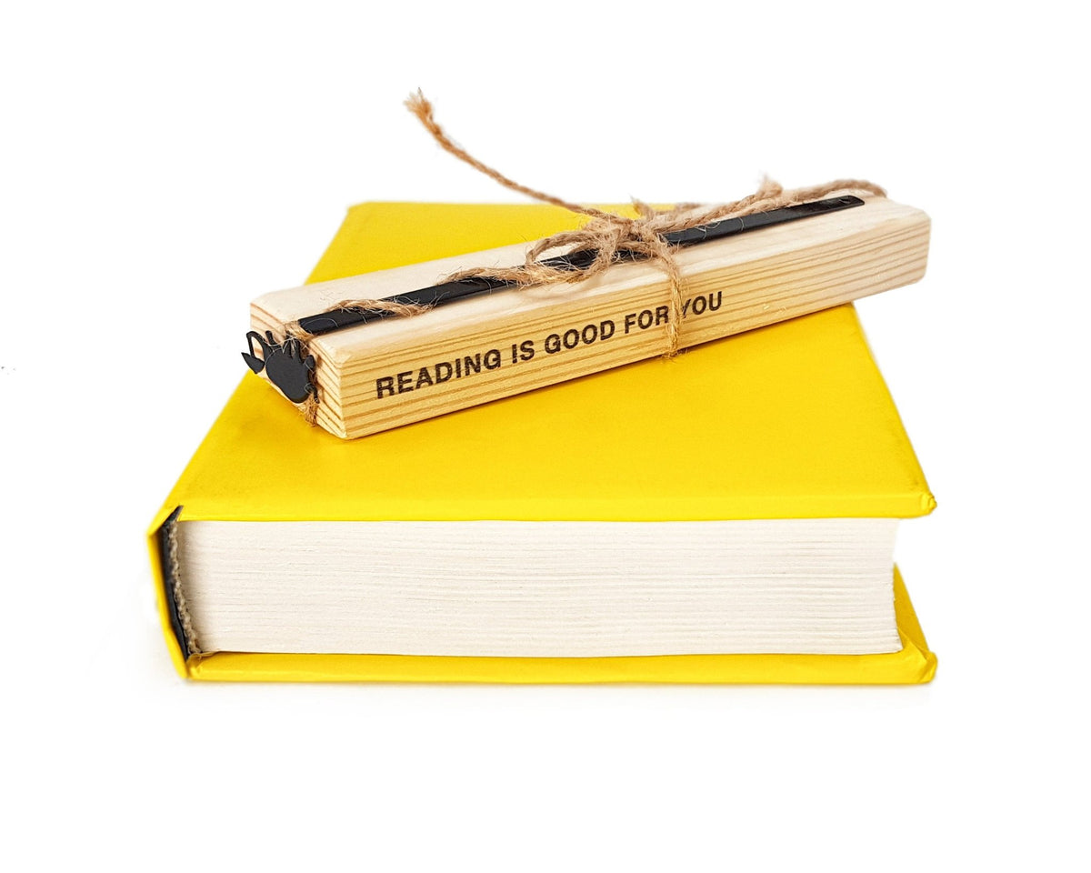 Dancing Elephant metal bookmark with the engraved wooden gift block it ships with