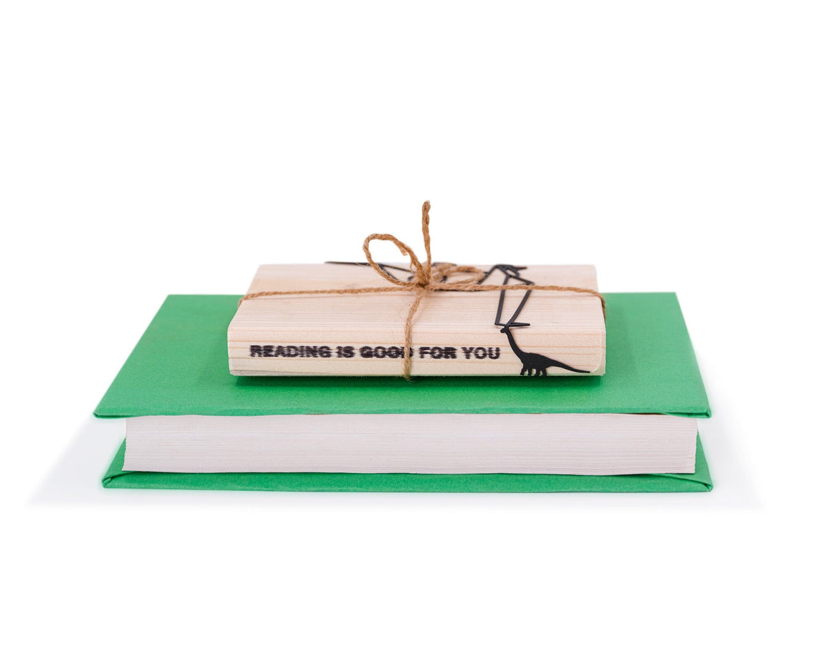 Dinosaur Geometry Style metal bookmark with the engraved wooden gift block it ships with