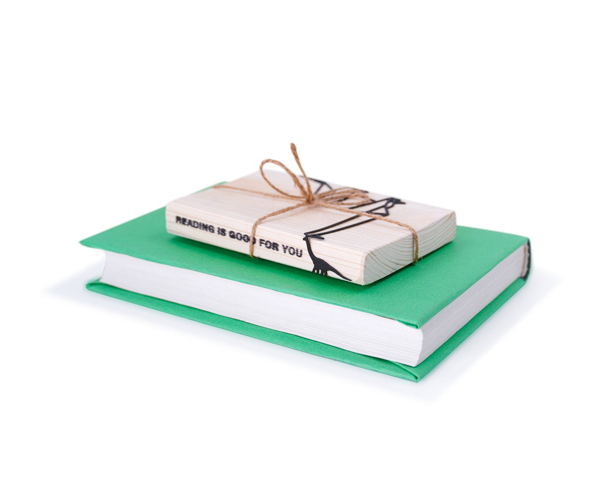 Dinosaur Geometry Style metal bookmark shown with its wooden gift block