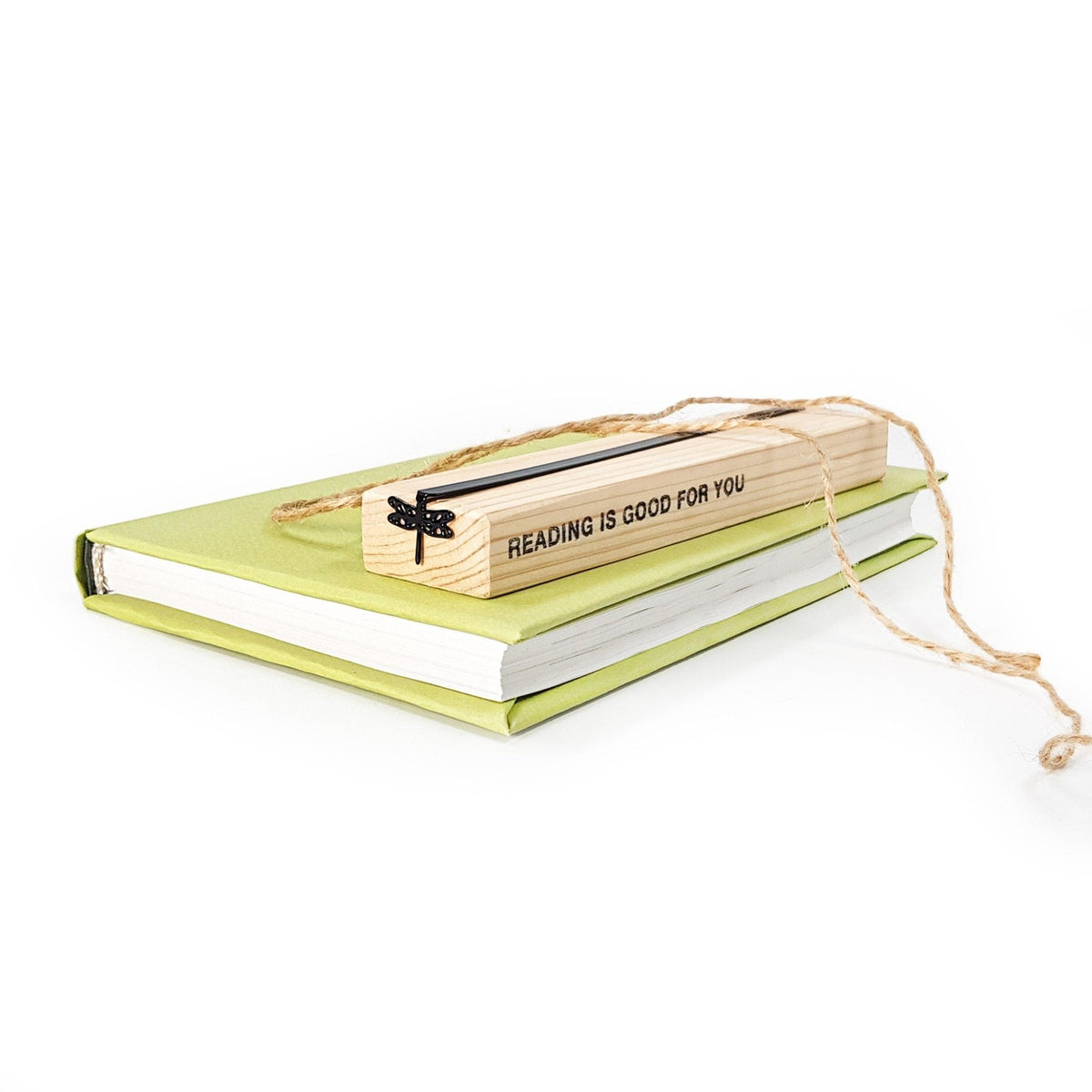 Dragonfly metal bookmark with the engraved wooden gift block it ships with