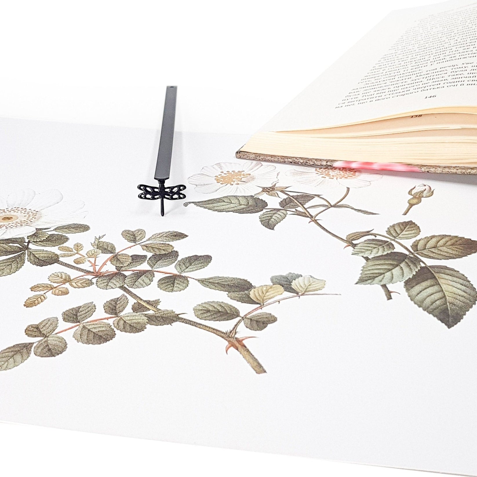 Dragonfly metal bookmark against a coloured backdrop