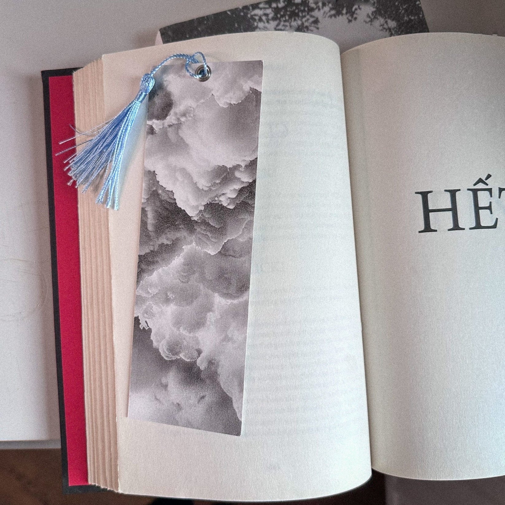 Dreamer metal bookmark marking a page in an open book