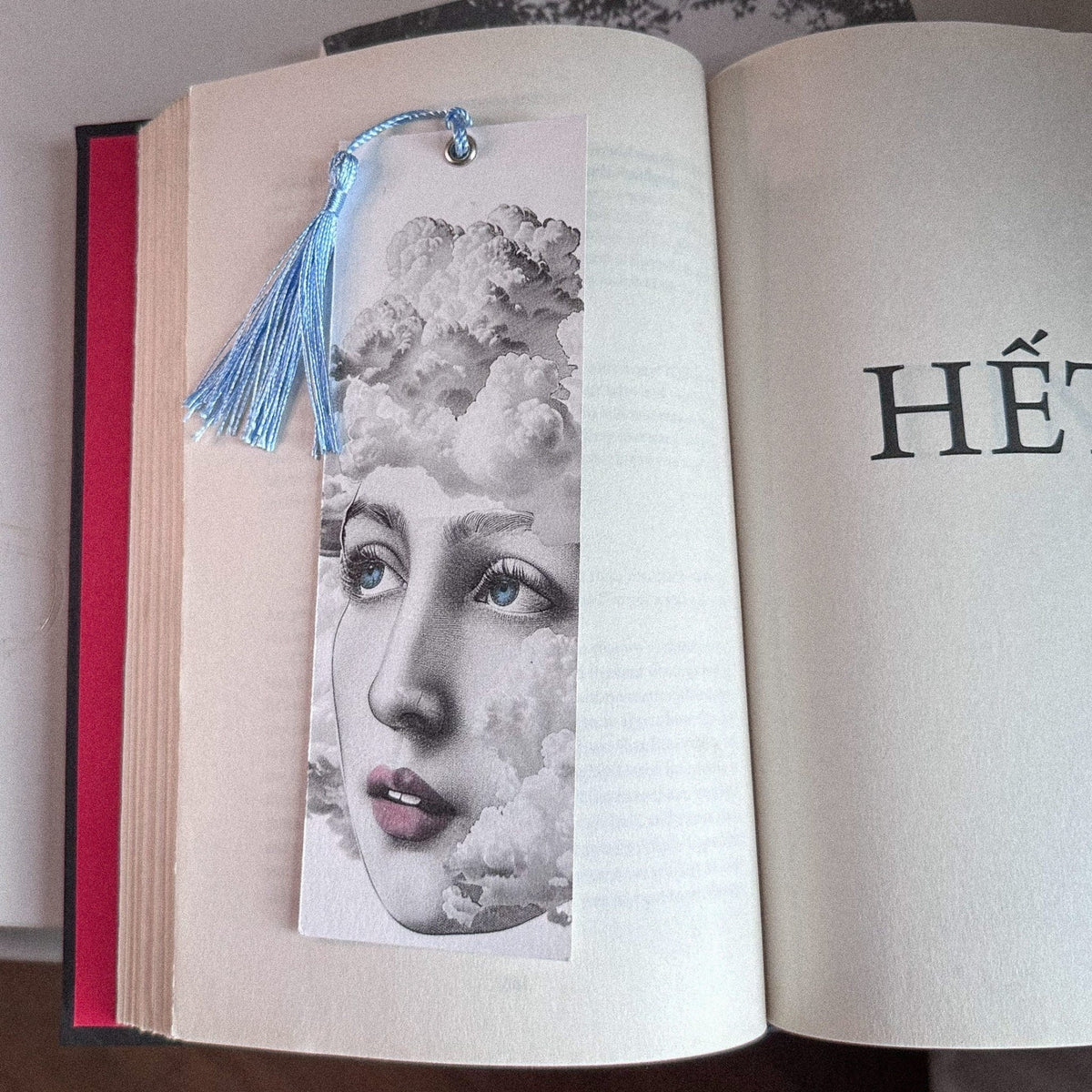 Dreamer metal bookmark resting on the pages of an open book