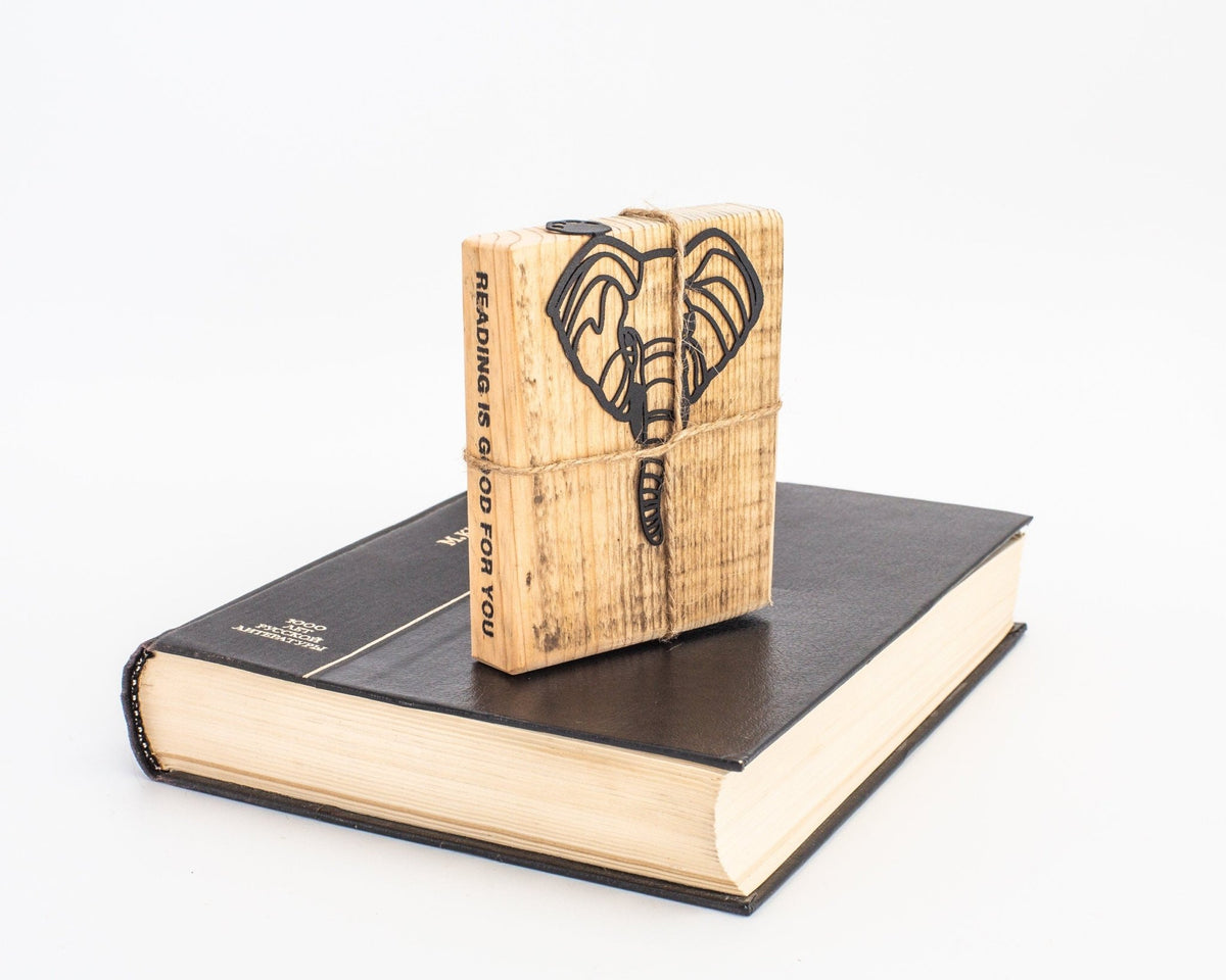 Elephant metal bookmark with the engraved wooden gift block it ships with